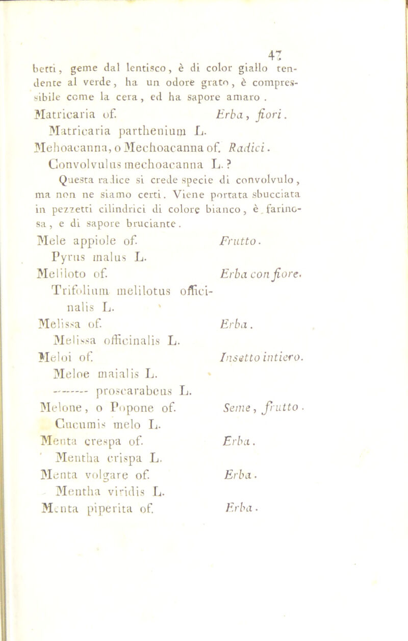4T betti, geme dal lentisco, è di color giallo ten- dente al verde, ha un odore grato , è compre,s- sibile cerne la cera, ed ha sapore amaro . Matricaria of. Erba, fiori. Matricaria partheniuqi L. Mehoaeanna, o 31echoacanna of. Radici. Convolvulus mechoacanna L. ? Questa radice si crede specie di convolvulo, ma non ne siamo certi. Viene portata sbucciata in pezzetti cilindrici di colore bianco, è. farino- sa , e di sapore bruciante. Mele appiole of. Frutto. Pyrus malus L. Meiiioto of. Erba con fiore. Trifoliuni melilotus offici- nalis L. Melissa of Erba. Melissa officinalis L. Meloi of Meloe maialis L. prosearabe us L. Melone, o Popone of Gueumis melo L. Menta crespa of. Mentha crispa L. Menta volgare of Mentila viridis L. M aita piperita of Insetto intiero. Seme, frutto . Erba. Erba ■ Erba.