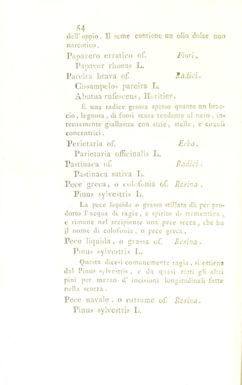 *4 dell’oppio. Il seme contiene un olio dolce non narcotico . Papavero erratico of. Fiori. Papaver rlioeas L. Partirà brava of. Radici. Cissampelos pareira L. Abutua rufeseens.j Hcritier. È una radice grossa spesso quanto un brac- cio, legnosa, di fuori scura tendente al nero , in- ternamente giallastra con strie, stelle, e circoli concentrici. Perietaria of. Erba. Parietaria officinalis L. Pastinaca of Radici. Pastinaca sativa L. Pece greca, o colofonia of Resina . Pinus sylvestris L. La pece liquida o grassa stillata da per pro- dotto l’acqua di ragia, e spirito di trementina, e rimane nel recipiente una pece secca, che ha jl nome di colofonia, o pece greca, Pece liquida, o grassa of. Resina. Pinus sylvestris L, Questa dicesi comunemente ragia , si ottiene dal Pinus sylvestris , e da quasi rurti gli altri pini per mezzo d’ incisioni longitudinali fatte nella scorza. Pece navale, o catrame of Resina. Pinus sylvestris L.