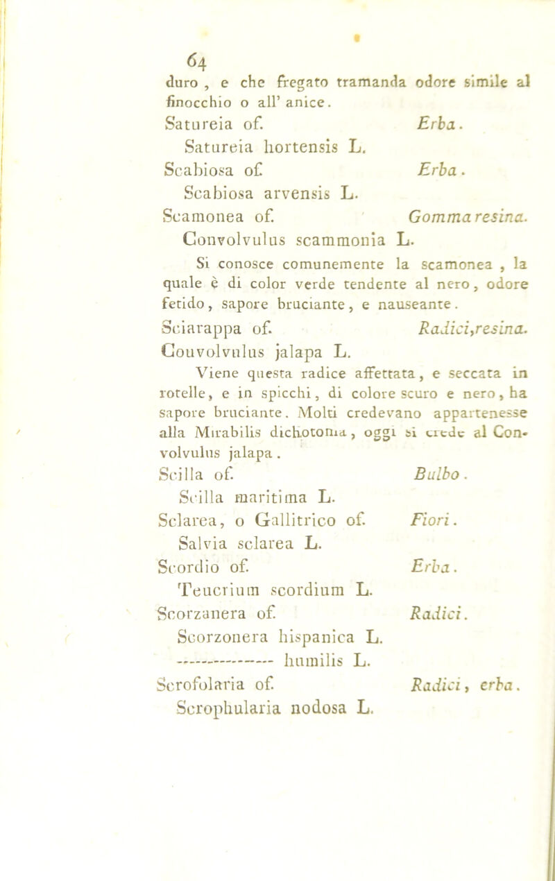 t 64 duro , e che fregato tramanda odore simile al finocchio o all’anice. Satureia of. Erba. Satureia liortensis L. Scabiosa of Erba. Scabiosa arvensis L. Scamonea of. Gomma resina. Convolvulus scammonia L. Si conosce comunemente la scamonea , la quale è di color verde tendente al nero, odore fetido, sapore bruciante , e nauseante . Sciarappa of. Radici,resina. Gouvolvulus }alapa L. Viene questa radice affettata, e seccata in rotelle, e in spicchi, di colore scuro e nero, ha sapore bruciante. Molti credevano appartenesse alla Mirabilis dichotonia, oggi si erede al Con* volvulus jalapa. Scilla of Bulbo. Scilla mariti ina L. Sclarea, o Gallitrico of Fiori. Salvia sclarea L. Scordio of. Erba. Teucrium scordium L. Scorzanera of. Radici. Scorzonera hispanica L. hnmilis L. Scrofularia of Scrophularia nodosa L. Radici, erba.