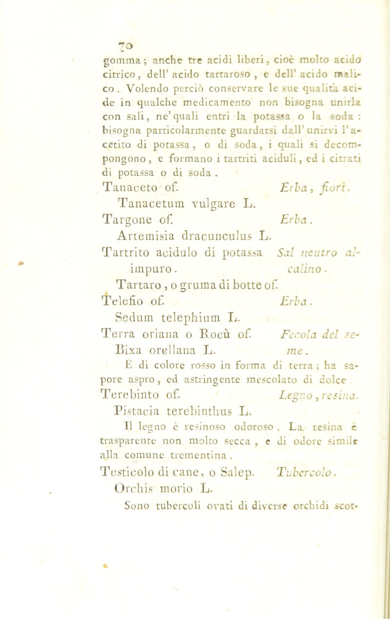 gomma; anche tre acidi liberi, cioè molto acido citrico, dell’ acido tartaroso , e dell’ acido mali- co. Volendo perciò conservare le sue qualità aci- de in qualche medicamento non bisogna unirla con sali, ne’quali entri la potassa o la soda: bisogna particolarmente guardarsi dall’unirvi 1’a- cetito di potassa, o di soda, i quali si decom- pongono, e formano 1 tartriti aciduli, ed i citrati di potassa o di soda . Tanaceto of. Elba, fiori. Tanacetum vulgate L. Targone of. Erba. Artemisia dracunculus L. Tartrito acidulo di potassa Sai neutro al- impuro. calino. Tartaro , o gruma di botte of. Telefio of. Erba. Sedum telephium L. Terra oriana o Rocù of Fecola del se- 13ixa orellana L. me. E di colore rosso in forma di terra ; ha sa- pore aspro , ed astringente mescolato di dolce Terebinto of Legno , resina. Pistacia terebinthus L. Il legno è resinoso odoroso . La resina e trasparente non molto secca , e di odore simile alla comune trementina. Testicolo di cane, o Salep. Tubercolo. Orchis morio L. Sono tubercoli ovati di diverse orchidi scot-