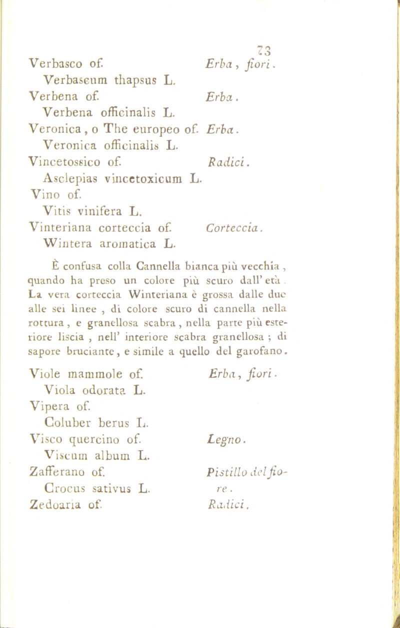 Verbasco of Erba, fiori, Verbascum thapsus L. Verbena of. Erba. Verbena officinali L. Veronica , o The europeo of. Erba. Veronica officinali L. Vincetossico of. Radici. Asclepias vincetoxicum L. Vino of. Vitis vinifera L. Vinteriana corteccia of. Corteccia. Wintera aromatica L. È confusa colla Cannella bianca più vecchia , quando ha preso un colore più scuro dall’ età La vera corteccia Winteriana è grossa dalle due alle sei linee , di colore scuro di cannella nella rottura , e granellosa scabra , nella parte più este- riore liscia , nell’ interiore sapore bruciante , e simile Viole mammole of. Viola odorata L. Vipera of. Goluber berus L. Vico quercino of. Vicuin album L. Zafferano of. Crocus sativus L. Zedoaria of. scabra granellosa ; di . quello del garofano. Erba, fiori ■ Legno. PistiLlo del fio- re . Radici.