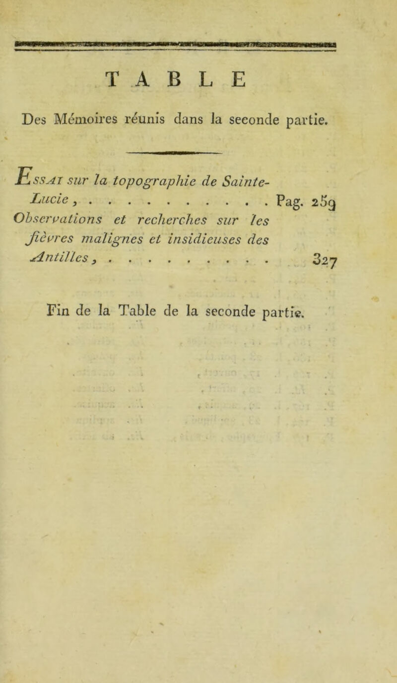 TABLE Des Mémoires réunis dans Ja seconde partie. 25q Essat sur la topographie de Sainte- Lucie, Pag. Observations et recherches sur les fièvres malignes et insidieuses des Antilles, .... 327 Fin de la Table de la seconde partie.