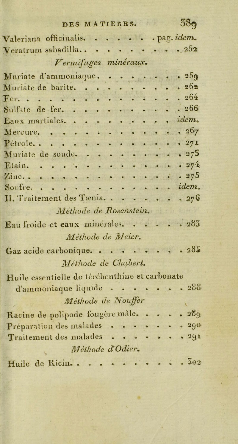 DES MATIERES. 58g Valeriana offioualis. ...... pag. idem. Veralrum sabadilla 262 Verrnifiliges minéraux. Muriate d'ammoniaque 25$ Muriate de barite 262 Fer 264 Sulfate de fer .266 Eaux martiales idem« Mercure ........ 267 Pétrole 271 Mu riale de soude 276 Etain. 274 Zinc 275 Soufre . idem. II. Traitement des Tænia 276 Méthode de JRosenstein. Eau froide et eaux minérales. ..... 285 Méthode de Meier. Gaz acide carbonique 28S Méthode de Chahert. Huile essentielle de térébenthine et carbonate d’ammoniaque liquide « 280 Méthode de Nouffer Racine de polipode fougère mâle. .... 2&q Préparation des malades * * 2qo Traitement des malades ....... 2qn Méthode cTOdier. Huile de Ricin. ...»••*» . . 3ü2