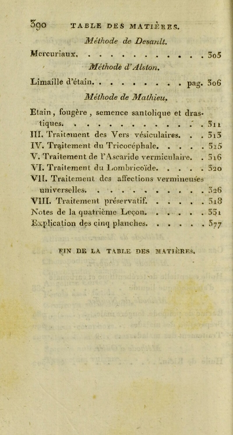 S>9° TABLE DES MATIERES. Méthode de Desanlt. Mercu riaux 5o5 ' Méthode d’Alston. Limaille d’étain pag. 3o6 Méthode de Mathieu. Etain, fougère, semence santolique et dras- tiques. . . Su III. Traitement des Vers vésiculaires. . . 5i3 IV. Traitement du Tricocéphale 5z5 V. Traitement de l’Ascaride vermiculaire. . 016 VI. Trailement du Lombricoïde 3ao VU. Traitement des affections vermineuses universelles 3 26 VIII. Traitement préservatif. 5i3 Notes de la quatrième Leçon 551 Explication des cinq planches 577 FIN DE LA TABLE DES MATIÈRES, r