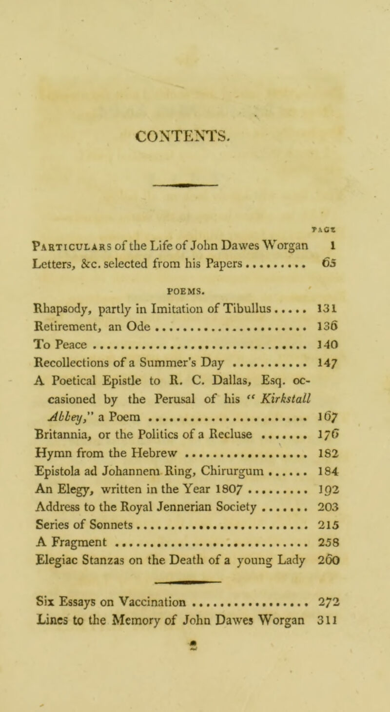 CONTENTS. TACl Particulars of the Life of John Dawes Worgan 1 Letters, &c. selected from his Papers 65 POEMS. Rhapsody, partly in Imitation of Tibullus 131 Retirement, an Ode 136 To Peace 140 Recollections of a Summer’s Day 147 A Poetical Epistle to R. C. Dallas, Esq. oc- casioned by the Perusal of his “ Kirkstall Abley” a Poem 167 Britannia, or the Politics of a Recluse 176 Hymn from the Hebrew 182 Epistola ad Johannem Ring, Chirurgum 184 An Elegy, written in the Year I8O7 192 Address to the Royal Jennerian Society 203 Series of Sonnets 215 A Fragment 258 Elegiac Stanzas on the Death of a young Lady 260 Six Essays on Vaccination 272 Lines to the Memory of John Dawes Worgan 311