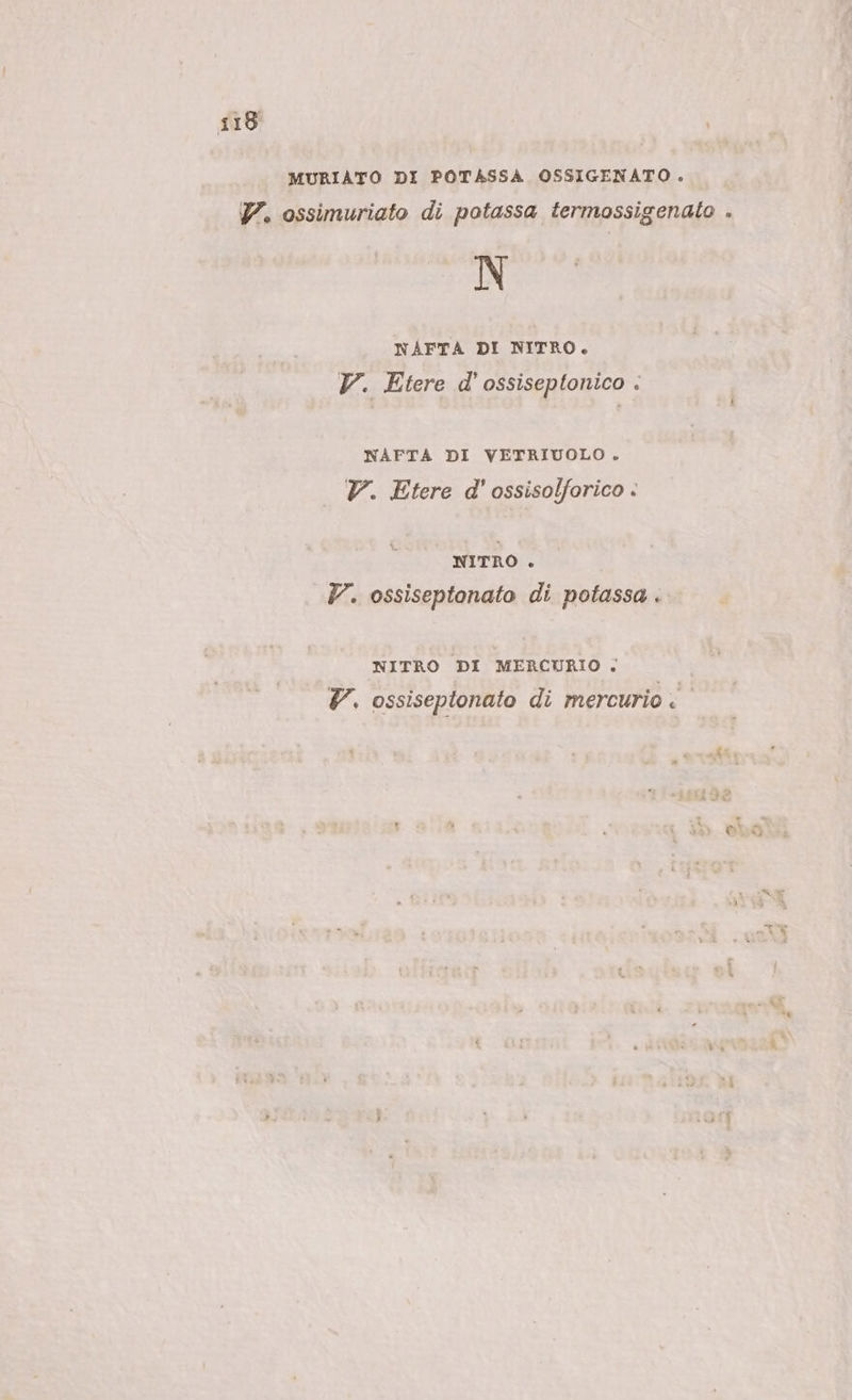 MURIATO DI POTASSA OSSIGENATO . 7. ossimuriato di potassa termossigenato . N NAFTA DI NITRO. V. Etere d’ ossiseptonico . NAFTA DI VETRIUOLO . V. Etere d' ossisolforico . NITRO . V. ossiseptonato di potassa . NITRO DI MERCURIO . 7. ossiseptonato di mercurio .