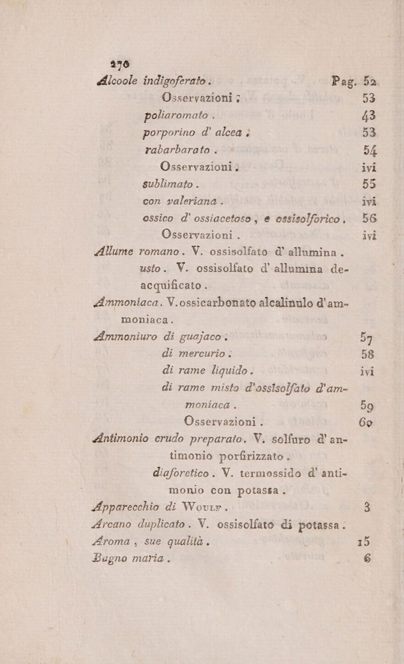 Osservazioni ; poliaromato . porporino d' alcea ; rabarbarato . Osservazioni; sublimato . con valeriana . ossico d’ ossiacetoso , e ossisolforico , Osservazioni . Allume romano. V. ossisolfato d’ allumina . usto. V. ossisolfato d’allumina de- acquificato . «Ammoniaca. V.ossicarbonato alcalinulo d'am- moniaca. Ammoniuro di guajaco: ) di mercurio : di rame liquido. di rame misto d’ossisolfato d'am- moniaca . Osservazioni . «intimonio crudo preparato. V. solfaro d' an- timonio porfirizzato . diaforetico. V. termossido d’ anti- monio con potassa . Apparecchio di Wovtr. Arcano duplicato . V. ossisolfato di potassa. Aroma , sue qualità, Bagno maria. vl 15 6