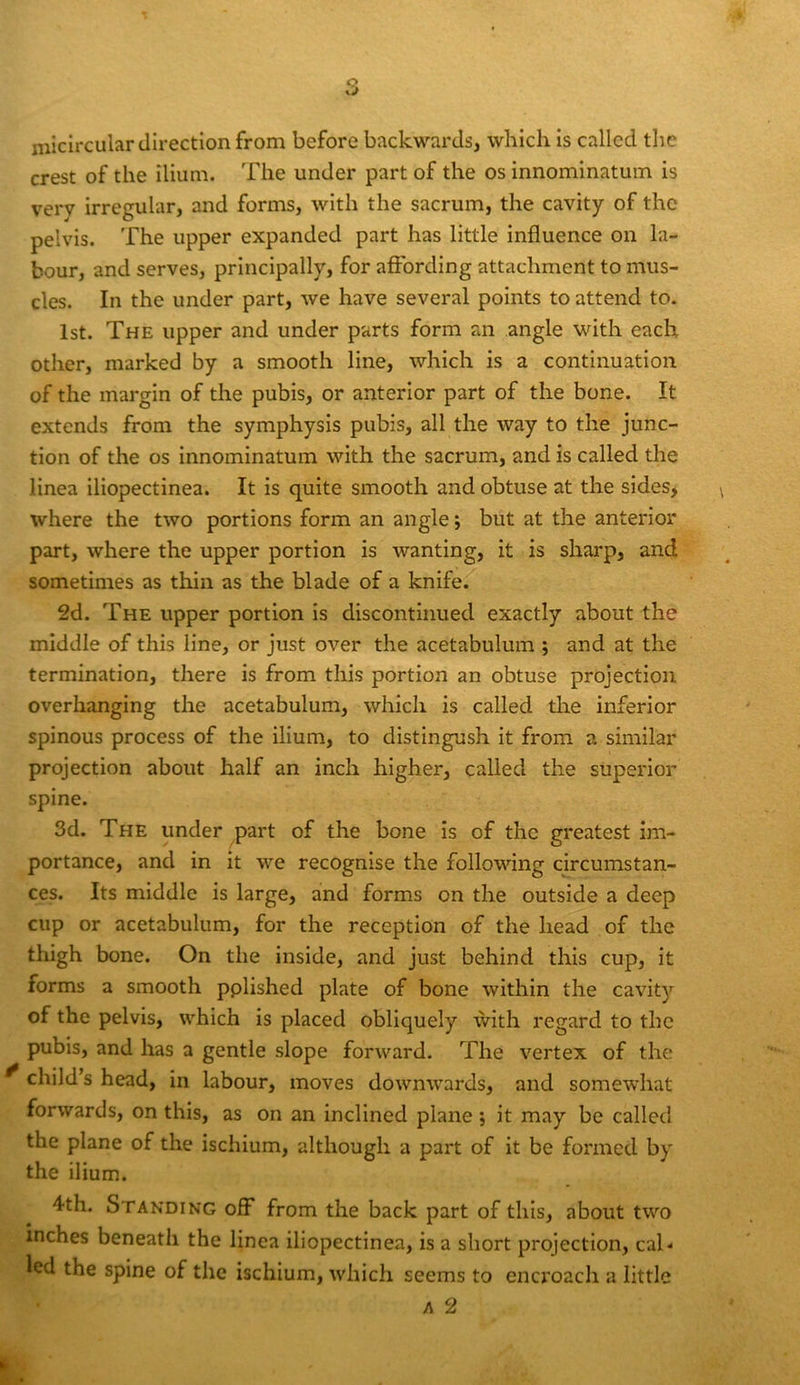 niicircular direction from before backwards, which Is called the crest of the ilium. The under part of the os innominatum is very irregular, and forms, with the sacrum, the cavity of the pelvis. The upper expanded part has little influence on la- bour, and serves, principally, for affording attachment to mus- cles. In the under part, we have several points to attend to. 1st. The upper and under parts form an angle with each other, marked by a smooth line, which is a continuation of the margin of the pubis, or anterior part of the bone. It extends from the symphysis pubis, all the way to the junc- tion of the os innominatum with the sacrum, and is called the linea iliopectinea. It is quite smooth and obtuse at the sides, where the two portions form an angle j but at the anterior part, where the upper portion is wanting, it is sharp, and sometimes as thin as the blade of a knife. 2d. The upper portion is discontinued exactly about the middle of this line, or just over the acetabulum ; and at the termination, there is from this portion an obtuse projection overhanging the acetabulum, which is called the inferior spinous process of the ilium, to distingush it from a similar projection about half an inch higher, called the superior spine. 3d. The under ^part of the bone is of the greatest im- portance, and in it we recognise the following cheumstan- ces. Its middle is large, and forms on the outside a deep cup or acetabulum, for the reception of the head of the thigh bone. On the inside, and just behind this cup, it forms a smooth pplished plate of bone within the cavity of the pelvis, which is placed obliquely with regard to the pubis, and has a gentle slope forward. The vertex of the child’s head, in labour, moves downwards, and somewhat forwards, on this, as on an inclined plane j it may be called the plane of the ischium, although a part of it be formed by the ilium. 4th. Standing off from the back part of this, about two inches beneath the linea iliopectinea, is a short projection, cal- led the spine of the ischium, which seems to encroach a little