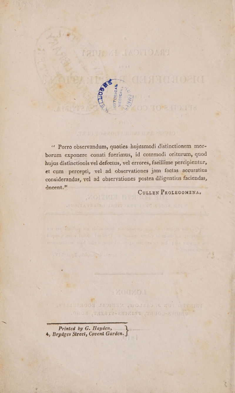 } ‘ ”~ USTORICAL VEDICAL &lt;¢ Porro observandum, quoties hujusmodi distinctionem mor- borum exponere conati fuerimus, id commodi oriturum, quod hujus distinctionis vel defectus, vel errores, facillime percipientur, et cum percepti, vel ad observationes jam factas accuratius considerandas, yel ad observationes postea diligentius faciendas, dneent.” CuLLEN PROLEGOMENAs Printed by G. Hayden, \ 4, Brydges Street, Covent Garden. Poe