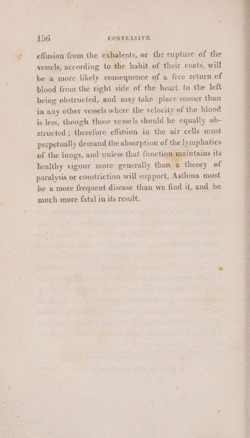 effusion from the exhalents, or the rupture of the vessels, according to the habit of their coats, will be a more likely consequence of a free return of blood from the right side of the heart to the left being obstructed, and may take place sooner than in any other vessels where the velocity of the blood is less, though those vessels should be equally ob- structed ; therefore effusion in the air cells must perpetually demand the absorption of the lymphatics of the lungs, and unless that function maintains its healthy vigour more generally than a theary of paralysis or constriction will support, Asthma must be a more frequent disease than we find it, and be much more fatal in its result. . il os = . ee ca ae eatin” _ “< » —- a ~ — Pe ee eee ee. ee Se a oo ee hy GR ay. Oe CPL Lae pe LT on” ee ee