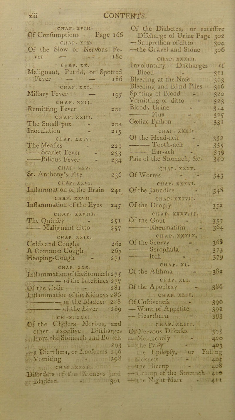 xi CHAP. XVIII. or Confumptions Page 166 CHAP. XIXs Of the Slow or Nervous Fe- ver — pet 180 CHAP. XX. Malignant, Putrid; or Spotted Fever a -—— 186 CHAP. Xxt. Mica y Fever _ 1¢5 CHAP. XXII. Remitting Fever 203 CHAP. XXIII. The Smallpox - 204 Tnoculation : 215 CHAP. XXiv. The Meafles e 229 ———Searlet Fever See} -——Bilious Fever - 9) 234 CHAP. NXV. ‘Se. Anthony’s Fire 236 # CHAP. XXVI. Anflammation ofthe Brain 241 CHAP. XXVII. : Eee tio of the a 245 ‘ CHAP. XXVIII. . The Quinfey nee 251 Malignant ditto vite] : CHAP. XXIX, vias Coldsand Coughs — 262 A. Common Cough. 267 Hooping-Congh 27% _CHAP. XXX. and ammation of Peesiom ch 275 — ofthe Inteftines 277 ‘OF the, Colic , clb sy pled 2 S1 Anflammation: of the Kidneys 286 a — at the Bladder (2X8 Co aearewat ib the Liver iat agrerxRe. 1071298 ‘Of the Ohptere Morbus, ed other — eSeoned Difcharges .5) from the! tomuch. aad Bowels ebAy, giRibomins 97 2107293 —2 ‘artlieca, c or Loofenes 3/296 apVvomiting sort neg J 2 QM yersae. XM XO 1G Diforders (afk the! eae s fared e+ Bladder. rs w/Gor Of the Diabetes, or exceflive Difcharge of Urine Page 302 — Suppreflion of ditto 304 —the Gravel and Stone 306 CHAP. XXXII. Involuntary. Cis of Blood cae! Bleeding at the Nofe 313 Bleeding and Blind Piles . 316 Spitting of Blood. = 3Z0 Vomitting of ditto - 323 Bloody Urine - 324 Flux - 325 Celiac Paflion - 331 4 CHAP. XXKIv. Of the Head-ach - 322 Tooth-ach - 335 - Far-ach a 339 _ Painof the Stomach, &amp;c.. 340 CHAP. XXxX¥. , Of Worms oe Be 343 - CHAP. XXXVI. Of the Jaundice £2 348  CHAP. XEXV1I. . Of the Dropfy - “202 CHAP. XX¥XVIII, : Of the Gout Ves, = —Rheumatilm , .q =- 364 CHAP. XXXIX. 1 Sea Ofthe Scurvy “= 368 Scrophula - 373. | ice ti rete tor ase ot | amen 1:06 ae ai Of the Afthma - ..9382 CHAP. SLL asodnd OF the Apoplexy . 9386 o&gt; CHAR. 'XEIT.:. se Aha fers Cath tcepis 390 — Want of AnpdHies. ‘. 392 — Heartburn... &gt; 393 » GnaP. NEAT. ObNer vous Difeafes ~~ °° 395 ome BPs DG 2400 ‘ithe Palty” eS 403 —the Epileply,* ‘OF __ Falling oBicknefs = 495 ieieke Eiiceap iri itos oi Cramp of the Scomach oe tthe Night Mare gre