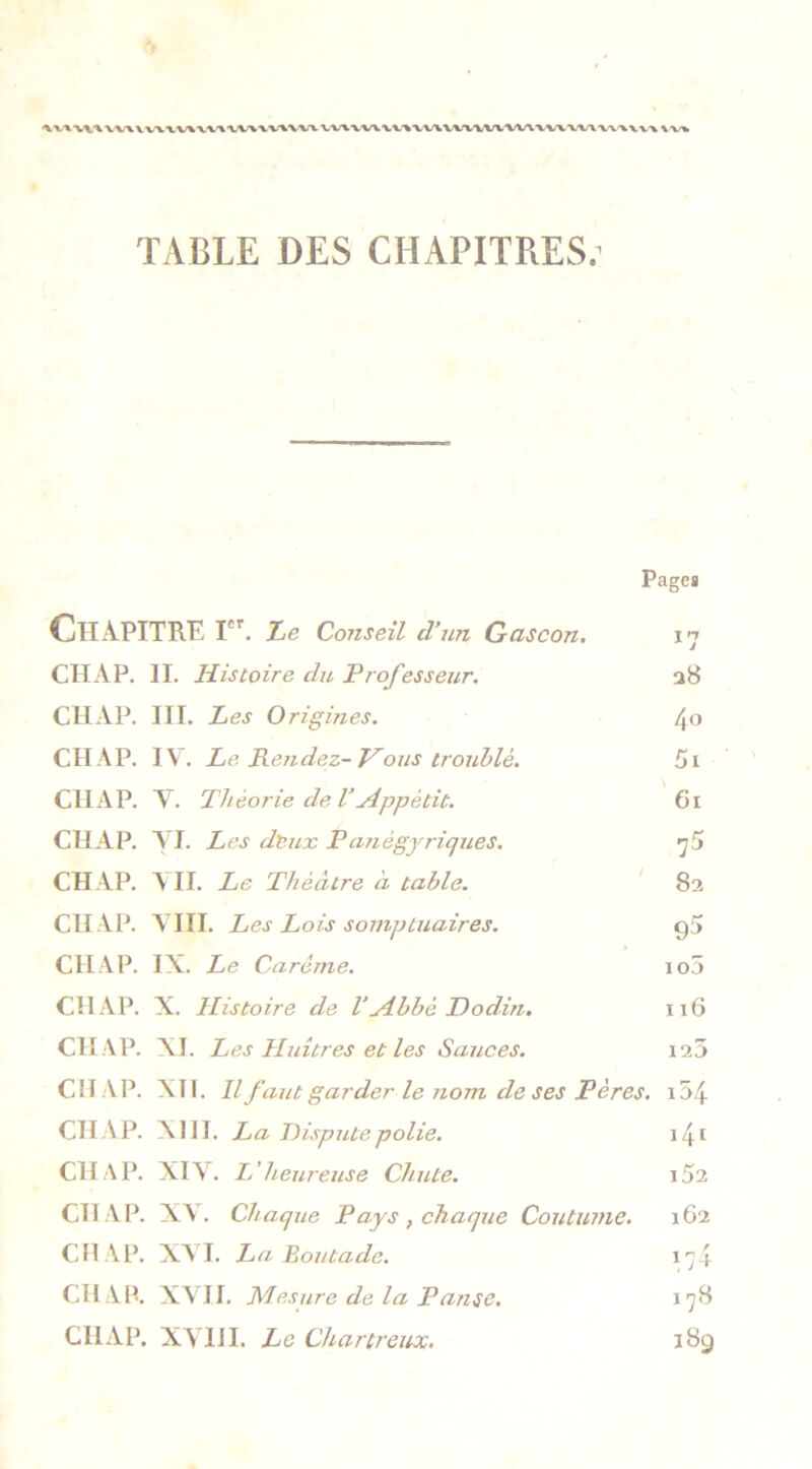 \u\v\ VV\ \ VWVUVUiUUWV VV\VWVV\'VV\VWWVW\WV\WW'\VV\ \v^ TABLE DES CHAPITRES; Pages CHAPITRE Irr. Le Conseil cl’un Gascon. *7 CHAP. II. Histoire du Professeur. a8 CHAP. III. Les Origines. 4 « CHAP. IV. Le Rendez-Vous troublé. 5i CHAP. V. Théorie de V Appétit. 6x CHAP. VI. Les deux Panègyriques. 75 CHAP. VII. Le Théâtre à table. 82 CHAP. VIII. Les Lois somptuaires. 95 CHAP. IX. Le Carême. io5 CHAP. X. Histoire de l’ylbbé Dodin. 1x6 CHAP. XI. Les Huîtres et les Sauces. 125 CHAP. XII. Il faut garder le nom de ses Pères. i54 CHAP. XIII. La O isp ute p olie. 141 CHAP. XIV. L’heureuse Chute. i52 CHAP. XV. Chaque Pays , chaque Coutume. 162 CHAP. XA I. La Boutade. 174 CHAP. XVII. Mesure de la Panse. 178 CHAP. XVIII. Le Chartreux. 189