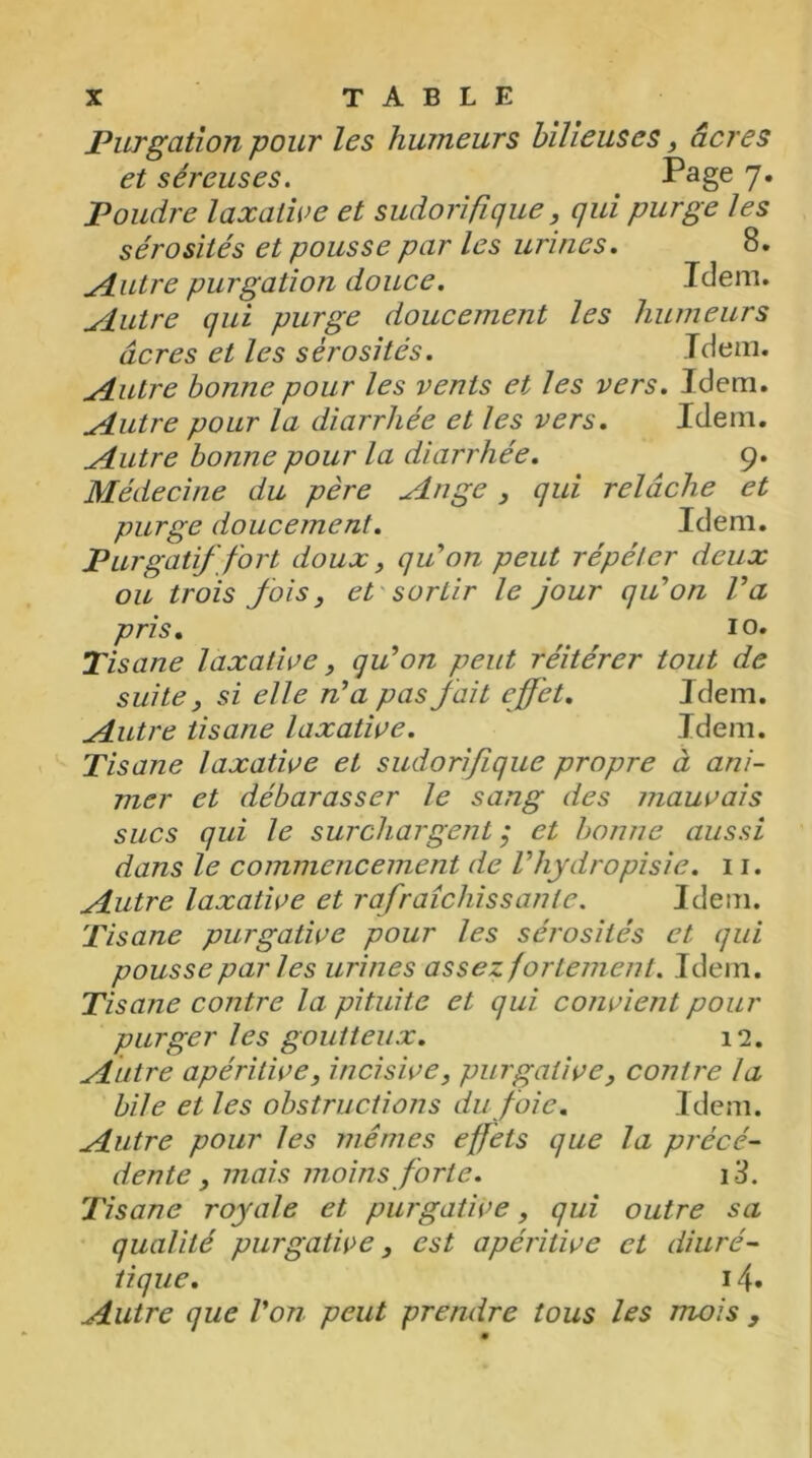 Purgation pour les humeurs bilieuses, âcres et séreuses. Page 7. Poudre laxative et sudorifique, qui purge les sérosités et pousse par les urines. 8. Autre purgation douce. Idem. Autre qui purge doucement les humeurs âcres et les sérosités. Idem. ylutre bonne pour les vents et les vers. Idem. yLutre pour la diarrhée et les vers. Idem. ylutre bonne pour la diarrhée. 9. Médecine du père Ange, qui relâche et purge doucement. Idem. Purgatif fort doux, qu'on peut répéter deux ou trois fois, et sortir le jour qu'on l'a pris. 10. Tisane laxative, qu'on peut réitérer tout de suite} si elle n'a pas fait effet. Idem. Autre tisane laxative. Idem. Tisane laxative et sudorifique propre à ani- mer et débarasser le sang des mauvais sucs qui le surchargent ; et bonne aussi dans le commencement de l'hydropisie. 11. Autre laxative et rafraîchissante. Idem. Tisane purgative pour les sérosités et qui pousse par les urines assez fortement. Idem. Tisane contre la pituite et qui convient pour purger les goutteux. 12. Autre apéritive, incisive, purgative, contre la bile et les obstructions du foie. Idem. Autre pour les mêmes effets que la précé- dente , mais moins forte. i3. Tisane royale et purgative, qui outre sa qualité purgative, est apéritive et diuré- tique. 14. Autre que l'on peut prendre tous les mois ,