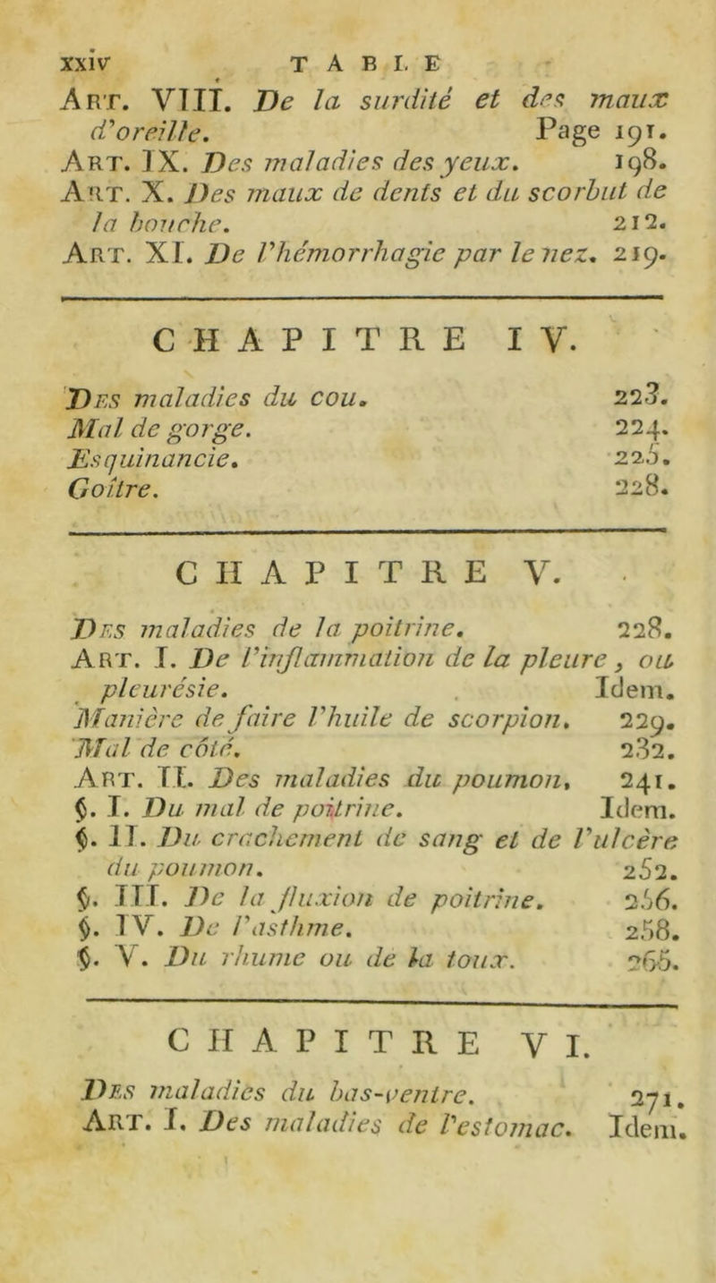 • Art. VIIL De la surdité et des maux d'oreille. Page 191. Art. IX. Des maladies des yeux. 198. Art. X. Des maux de dents et du scorbut de la hanche. 212. Art. XI. De l'hémorrhagie par le nez. 219. CHAPITRE IV. V \ Des maladies du cou. 223. Mal de gorge. 224. Esquinancie. 22 5. Goitre. 228. CHAPITRE V. Des maladies de la poitrine. 228. Art. I. De l'inflammation delà pleure} ou pleurésie. Idem. Manière de faire l'huile de scorpion. 229. Mal de côté. 282. Art. ri. Des maladies du poumon, 241. $. I. Du mal de poitrine. Idem. $.11. Du crachement de sang et de Vulcère du poumon. 252. $. III. De la fluxion de poitrine. 256. $. IV. De l'asthme. 2.58. $. V. Du rhume ou de la toux. ?f>5. CHAPITRE VI. Des maladies du bas-centre. 271. Art. I, Des maladies de Vestomac. Idem. «