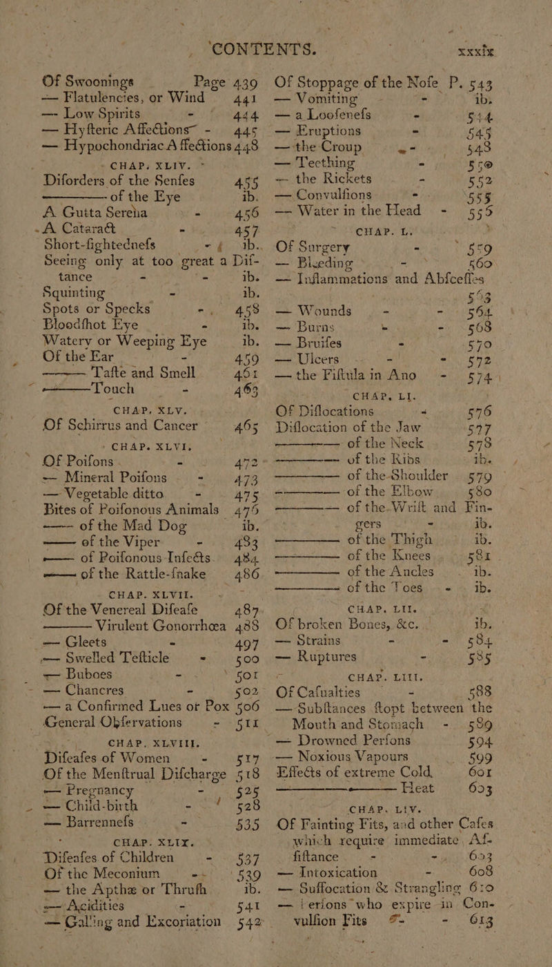 Of Swoonings Page 439 — Flatulencies, or Wind = 441 —- Low Spirits - § 444 — Hyfteric Affeétions~ - oy — Hypochondriac A ffeGions 448 » CHAP, XLIV. Diforders of the Senfes 455 -of the Eye “ab. A Guita Sereiia - 456 A Catarad = Hy 45 7. Short-fightednefs =f ab. Seeing only at too great a Dif- tance - - ib. Squinting bs ib. Spots or Specks He he ’ Bloodfhot Eye y ib. Watery or Weeping eo ib. Of the Ear 459 ss Tafte and Smell 46 —Touch 3 463 CHAP, XLV. Of Schirrus and Cancer 465 * CHAP. XLVI. ; 3 Poifons . e Ana -— Mineral Poifons — - 473 — Vegetable ditto - A475 Bites of Poifonous Animals 475 ~—-— of the Mad Dog ib. of the Viper - 433 — of Poilonous Infeéts. 484 —— ofthe Rattle-fnake 486 CHAP. XLVII. ¢ Of the Venereal Difeafe 487 Virulent Gonorrhea 438 / = Gleets 497 — Swelled Telticle Rie OS _ = Buboes - me ee - — Chancres - 502 — a Confirmed Lues or Pox 506 _ General Obfervations - 51L CHAP, XLVI. Ditades of Women wi Laas Of the Menftrual Difcharge 518 — Pregnancy - 525 — Chiid-birth =p, S26 _— Barrennefs - 535 CHAP. XLIX. Di ‘feafes of Children af bea Of the Meconium met.) 530 — the Apthe or Thrufh ib — Axcidities Shag Ree 54t — Galling and Excoriation xxxfx. Of Stoppage of the Nofe Pu5 A — Vomiting - - ib, — a Loofenefs - S44 — Eruptions &gt; 543 — the Croup “a 5438 — Vecthing - ese — the Rickets Sie. — Convulfions - 555 —- Water inthe Head - 555 : ea sts wae Oe , Of Surgery s Met, — Bleeding ~ R60 ps Tnflammations and Abfeett Tes 553 — Wounds - - 564 — Burns 4 - 568 — Bruifes - 570 — Ulcers - =. 599 —the Fiftilain Ano - 574 CHAP, LI. | OF Dlacalinnt 7 576 Diflocation of the Jaw 547 ~— of the Neck 578 — of the Ribs ee: of the- Shoulder — 579 of the Elbow B80 °/ of the-Wrift and Fin- gers - ib. ofithé Tne ys a9 (1b. of the Knees a of the Ancles “1b. » of the Toes, -. = * ibs CHAP. LII. Of broken Bones, &amp;c. | ib. — Strains = = 584 — Ruptures - 585 CHAP. LILI. OF Cafualties —s_—= 583 — Subftances ftopt between the Mouth and Stomach - 589 _— Drowned Perfons 594 — Noxious Vapours Effects of extreme Cold 604 —— Heat 653 CHAP. LIV. Of Fainting Fits, and other Cafes which require immediate, Af fiftance - edt N02 — Intoxication - 608 — Suffocation &amp; Strangling 6:0 — ierions who expive in Con- vulfion Fits 7%- - 613