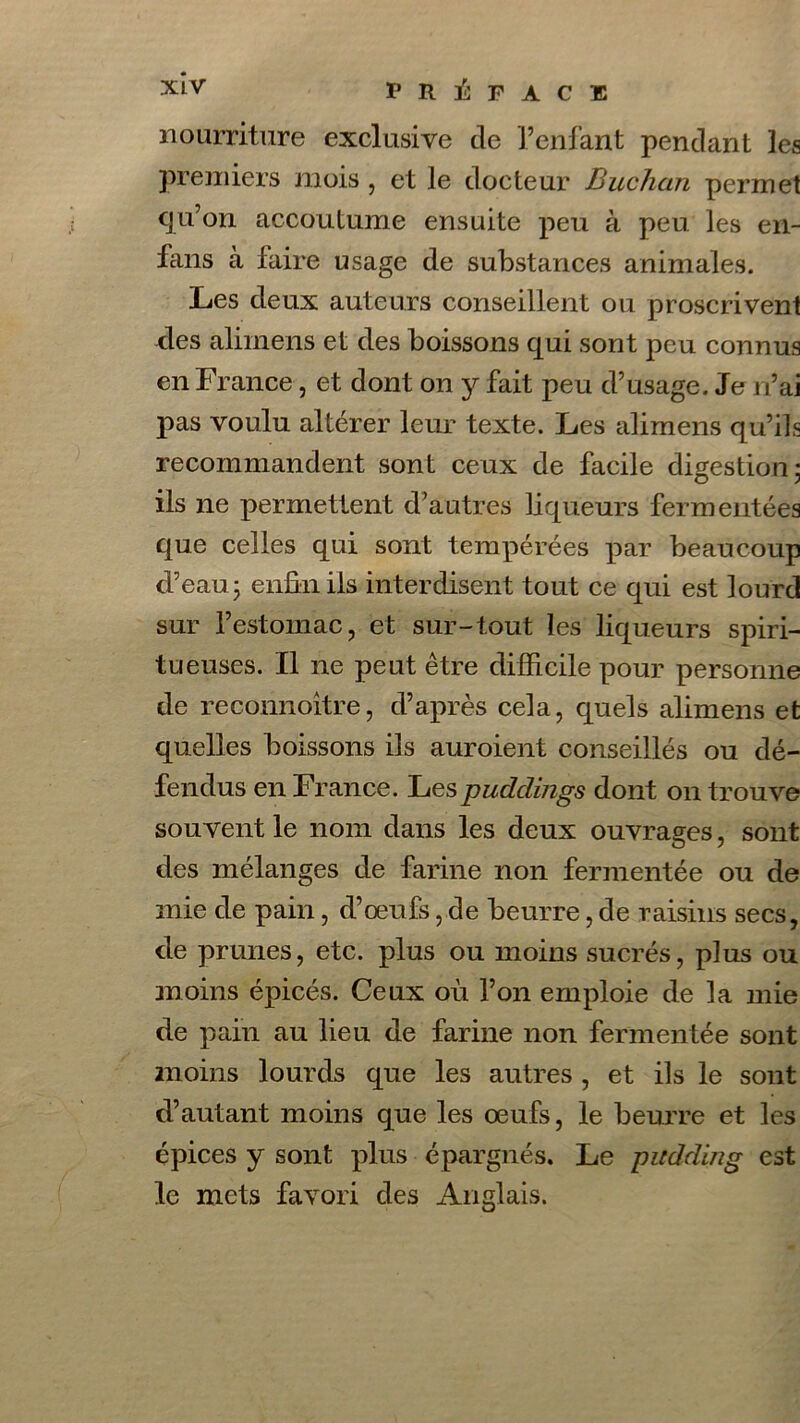 nourriture exclusive de l’enfant pendant les premiers mois , et le docteur JBuchan permet qu’on accoutume ensuite peu à peu les en- fans à faire usage de substances animales. Les deux auteurs conseillent ou proscrivent des alimens et des boissons qui sont peu connus en France, et dont on y fait peu d’usage. Je n’ai pas voulu altérer leur texte. Les alimens qu’ils recommandent sont ceux de facile digestion ; ils ne permettent d’autres liqueurs fermentées que celles qui sont tempérées par beaucoup d’eau; enfin ils interdisent tout ce qui est lourd sur l’estomac, et sur-tout les liqueurs spiri- tueuses. Il ne peut être difficile pour personne de reconnoitre, d’après cela, quels alimens et quelles boissons ils auroient conseillés ou dé- fendus en France. Les puddings dont on trouve souvent le nom dans les deux ouvrages, sont des mélanges de farine non fermentée ou de mie de pain, d’œufs, de beurre, de raisins secs, de prunes, etc. plus ou moins sucrés, plus ou moins épicés. Ceux où l’on emploie de la mie de pain au lieu de farine non fermentée sont moins lourds que les autres , et ils le sont d’autant moins que les œufs, le beurre et les épices y sont plus épargnés. Le pudding est le mets favori des Anglais.