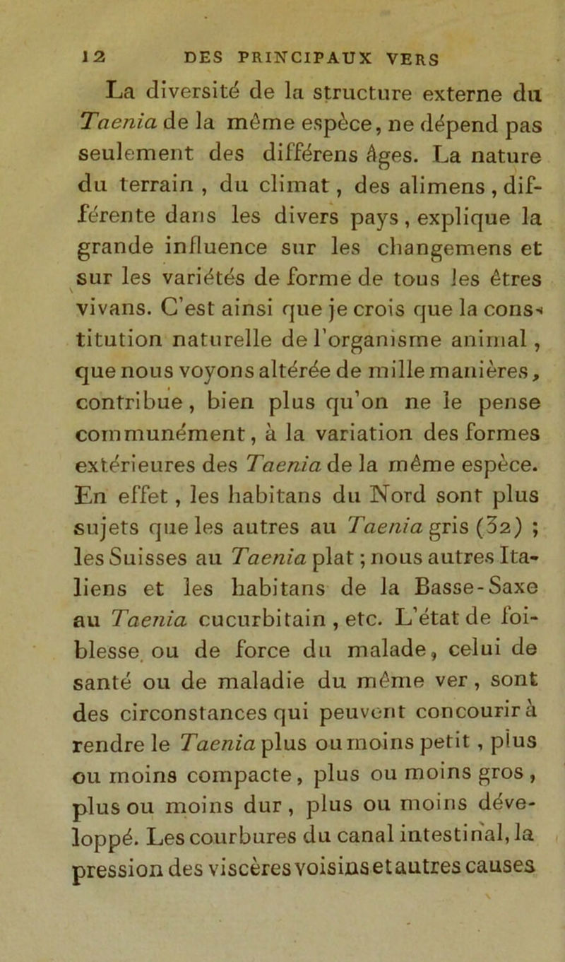 La diversité de la structure externe dii Tnenia de la méme espèce, ne dépend pas seulement des différens éges. La nature du terrain , du climat, des alimens , dif- ferente dans les divers pays, explique la grande influence sur les changemens et sur les variétés de forme de tous les étres vivans. C’est ainsi que je crois que la cons^ titution naturelle de l’organisme animai, quenous voyons altérée de millemanières, contribue, bien plus qu’on ne le pense communément, à la variation des formes extérieures des Taenìa de la méme espèce. En effet, les habitans du Nord sont plus sujets que les autres au Taenìa gris (32) ; les Suisses au Taenìa plat ; nous autres Ita- liens et les habitans de la Basse-Saxe au Taenìa cucurbitain , etc. L’état de loi- blesse ou de force du nialade, celui de sante ou de maladie du méme ver , sont des circonstances qui peuvorit concourirà rendre le Tae/zmplus ournoins petit, pius ou rnoins compacte , plus ou moins gros , plus ou moins dur, plus ou moins déve- loppé. Les courbures du canal intestinal, la pression des viscèresvoisinsetautres causes