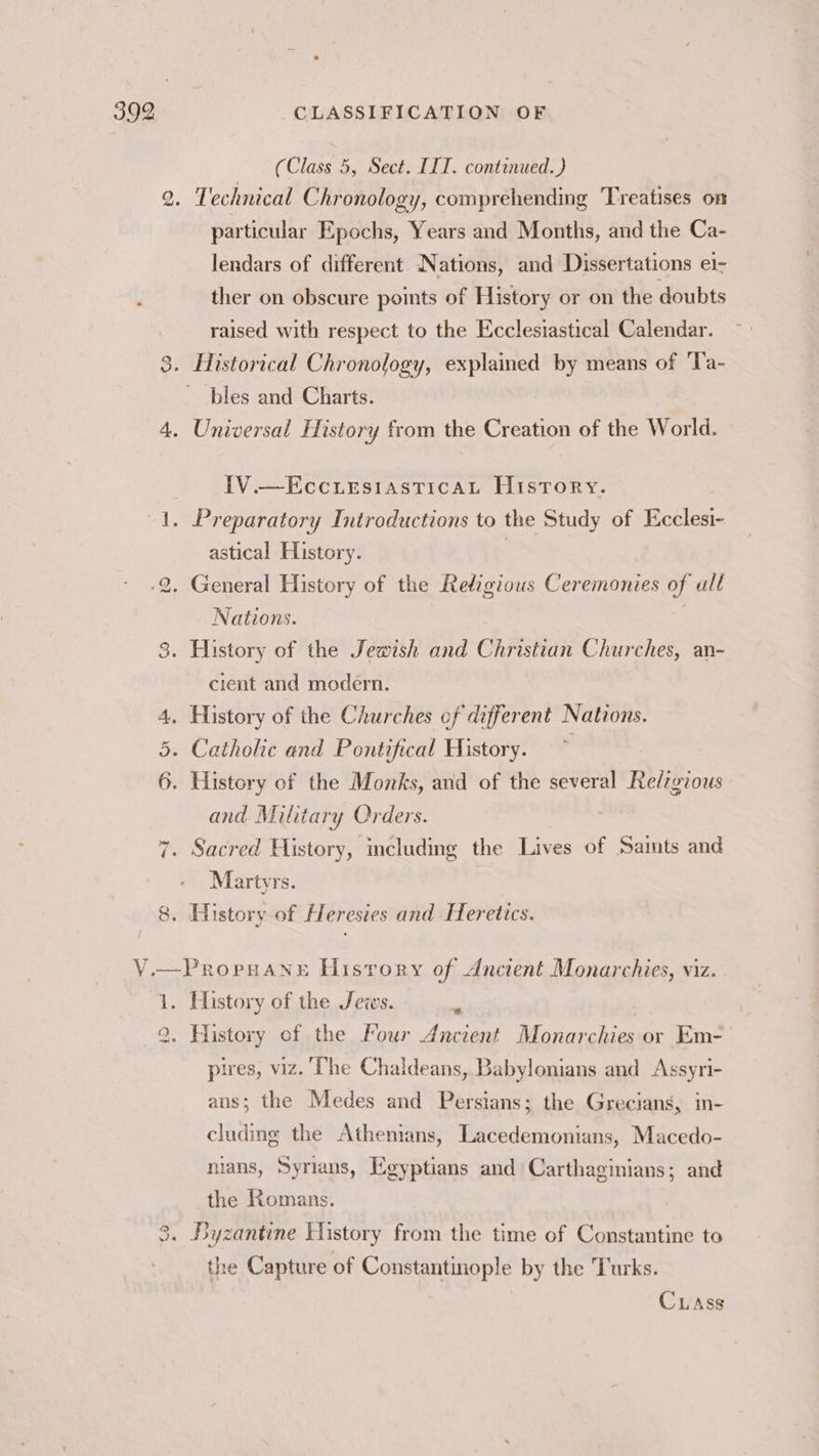 1S) i) ~I 4 ~ co D> Oo CLASSIFICATION OF (Class 5, Sect. IIT. continued.) Technical Chronology, comprehending Treatises on particular Epochs, Years and Months, and the Ca- lendars of different Nations, and Dissertations ei- ther on obscure points of History or on the doubts raised with respect to the Ecclesiastical Calendar. Historical Chronology, explained by means of 'Ta- Universal History from the Creation of the World. IV.—EccLEsiaASTICAL HIsTory. astical History. Nations. History of the Jewish and Christian Churches, an- cient and modern. History of the Churches of different Nations. Catholic and Pontifical History. ~ History of the Monks, and of the several Relzgious and Military Orders. Sacred History, including the Lives of Samts and Martyrs. History of Heresies and Heretics. History of the Jews. me: History of the Four Ancient Monarchies or Em- pires, viz. Phe Chaldeans, Babylonians and Assyri- ans; the Medes and Persians; the Grecians, in- cluding the Athenians, Lacedemonians, Macedo- nians, Syrians, Egyptians and Carthaginians; and the Romans. the Capture of Constantinople by the Turks.