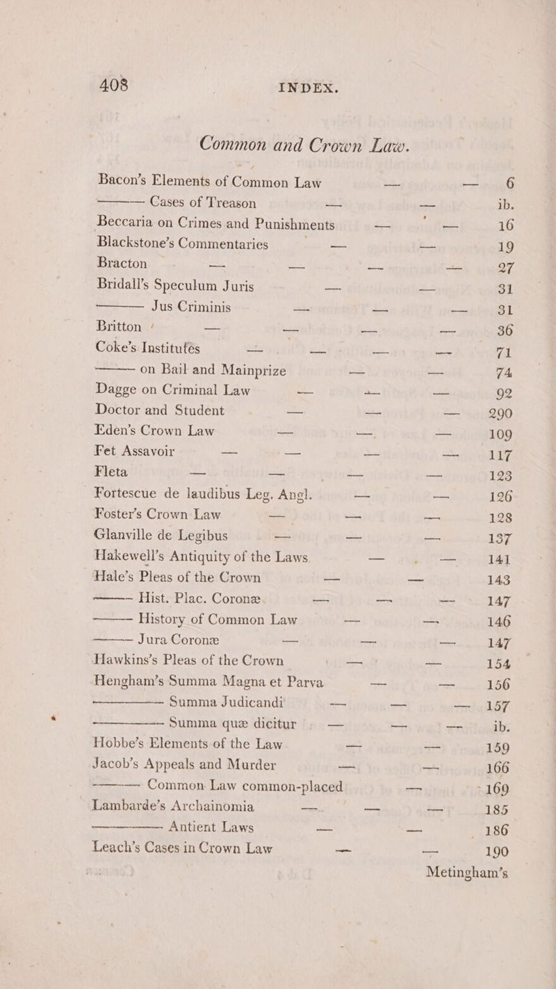 Common and Crown Law. Bacon’s Elements of Common Law — — 6 — Cases of Treason = — ib. Beccaria on Crimes and Punishments == — 16 Blackstone’s Commentaries — — 19 Bracton ~— ca ie eke Q7 Bridall’s Speculum Juris — ~= 31 — Jus Criminis he iT £5 a 31 Britton / — as ete rT 36 Coke’s Institufés = nee — — 71 on Bail and Mainprize — eae 74 Dagge on Criminal Law -— — = 92 Doctor and Student ae == — 290 Eden’s Crown Law — — _— 109 Fet Assavoir a — — va 117 Fleta — a — — 128 Fortescue de laudibus Leg. Angel. —— os 126 Foster’s Crown Law — — a 128 Glanville de Legibus — — — 137 Hakewell’s Antiquity of the Laws — ae 141 Hale’s Pleas of the Crown —— — 143 — Hist. Plac. Coronz — — — 147 -——— History of Common Law — — 146 — Jura Corone — — — 147 Hawkins’s Pleas of the Crown (oo —— 154 Hengham’s Summa Magna et Parva — — 156 _ Summa Judicandi — — — 157 -——-———-~ Summa que dicitur — — — ib. Hobbe’s Elements of the Law — aoe 159 Jacob’s Appeals and Murder — — 166 -——-—— Common Law common-placed — ~ 169 ~ Lambarde’s Archainomia -—- — oo 185 — Antient Laws — — 186 Leach’s Cases in Crown Law — — 190 Metingham’s