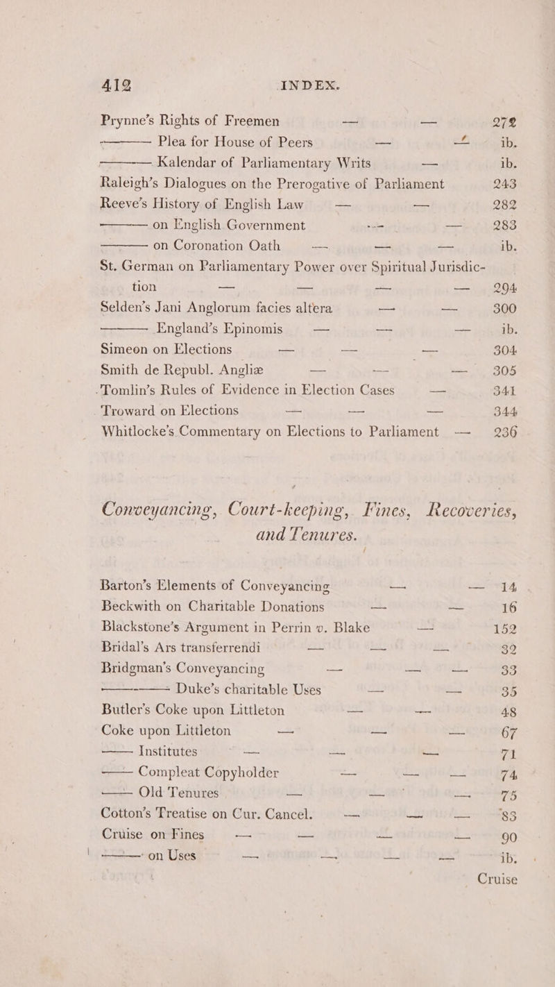 Prynne’s Rights of Freemen — — 272 - Plea for House of Peers ~ —- ib. -— Kalendar of Parliamentary Writs -— ib. Raleigh’s Dialogues on the Prerogative of Parliament 243 Reeve’s History of English Law -- — 282 — on English. Government a = 283 : on Coronation Oath —- —- — ib. St. German on Parliamentary Power over Spiritual Jurisdic- tion = — — in eee Selden’s Jani Anglorum facies altera — — 300 — England’s Epinomis — — — ib. Simeon on Elections — — =. 304 Smith de Republ. Angliz — —- — 305 -Tomlin’s Rules of Evidence in Election Cases — SAL _Troward on Elections a — — 344 Whitlocke’s Commentary on Elections to Parliament -- 236 Conveyancing, Court-keeping,. Vines, Recoveries, and Tenures. Barton’s Elements of Conveyancing — — 14 Beckwith on Charitable Donations wo ~~ 16 Blackstone’s Argument in Perrin v. Blake — 152 Bridal’s Ars transferrendi — —~ — 32 Bridgman’s Conveyancing — — — 33 - - Duke’s charitable Uses a — oD Butler’s Coke upon Littleton — — 4.8 Coke upon Littleton — aa a 67 Institutes gee a — vt ——— Compleat Copyholder — — <. 7 4; — Old Tenures — —_— — 75 Cotton’s Treatise on Cur. Cancel. — ee a QS Cruise on Fines — — — — 90 —~ on Uses — ~~. — — ib. Cruise