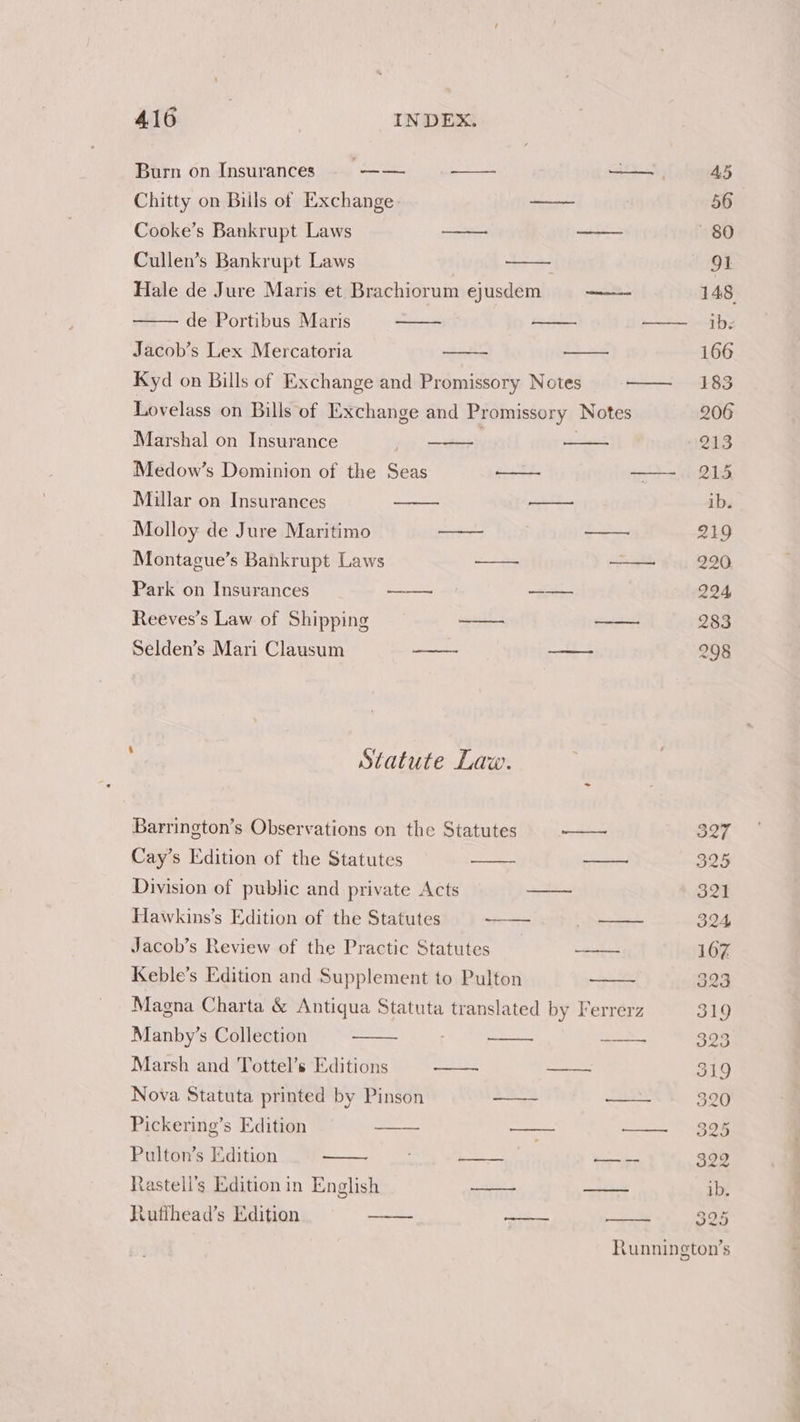 Burn on Insurances © —— | —— —, 45 Chitty on Biils of Exchange. — 56 Cooke’s Bankrupt Laws —- —— 80 Cullen’s Bankrupt Laws Hale de Jure Maris et Brachiorum ejusdem oe 148, de Portibus Maris ——- —— ib. Jacob’s Lex Mercatoria 166 Kyd on Bills of Exchange and Promissory Notes fo hoe Lovelass on Bills of Exchange and Promissory Notes 206 Marshal on Insurance 213 Medow’s Dominion of the Seas maa es. Millar on Insurances —— ib Molloy de Jure Maritimo a — 219 Montague’s Bankrupt Laws — Pt ta 20 Park on Insurances a mooie 224 Reeves’s Law of Shipping —— ——: 283 Selden’s Mari Clausum ee os 298 Statute Law. Barrington’s Observations on the Statutes ——— 327 Cay’s Edition of the Statutes — 325 Division of public and private Acts — 321 Hawkins’s Edition of the Statutes —— — 324 Jacob’s Review of the Practic Statutes —— 167 Keble’s Edition and Supplement to Pulton 323 Magna Charta & Antiqua Statuta translated by Ferrerz 319 Manby’s Collection ~—— 320 Marsh and Tottel’s Editions ——~ —_— 319 Nova Statuta printed by Pinson ~~ —— 320 Pickering’s Edition aa — eee Pulton’s Edition —_—— — 322 Rastell’s Edition in English —= oe ib. Luffhead’s Edition —~ 325 Runnington’s