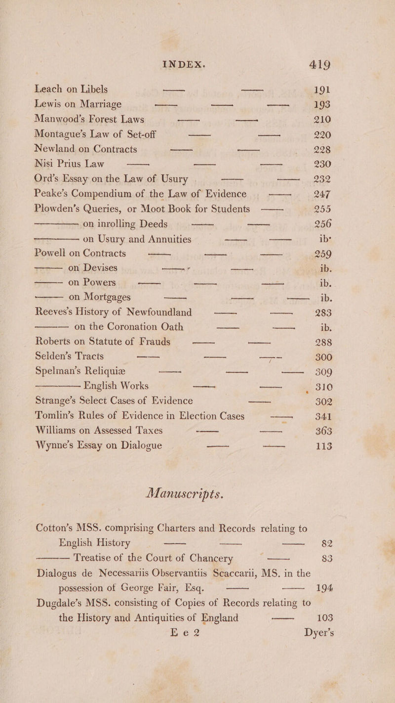 Leach on Libels oe — 191 Lewis on Marriage on cen woe 193 Manwood’s Forest Laws os ae 210 Montague’s Law of Set-off — — 220 Newland on Contracts a ne eR Nisi Prius Law a — 230 Ord’s Essay on the Law of Usury —— 232 Peake’s Compendium of the Law of Evidence —— 247 Plowden’s Queries, or Moot Book for Students 255 on inrolling Deeds 256 on Usury and Annuities = ——- —— ibs Powell on Contracts a = 259 on Devises moe —— ib. ——— on Powers —> so ——— ee ib. on Mortgages ——- —— ib. Reeyes’s History of Newfoundland —— — 283 — on the Coronation Oath —— ——— ib. Roberts on Statute of Frauds a —— 288 Selden’s Tracts ee -—- —— 300 Spelman’s Reliquiz = —-- — 309 English Works — — _ 310 Strange’s Select Cases of Evidence — 302 Tomlin’s Rules of Evidence in Election Cases Tee 341 Williams on Assessed Taxes ee on 363 Wynne’s Essay on Dialogue —~~ —_—- 113 Manuscripts. Cotton’s MSS. comprising Charters and Records relating to English History 82 — Treatise of the Court of Chancery 83 Dialogus de Necessariis Observantiis Scaccarii, MS. in the possession of George Fair, Esq. 194 Dugdale’s MSS. consisting of Copies of Records relating to the History and Antiquities of England 103 he 2 Dyer’s