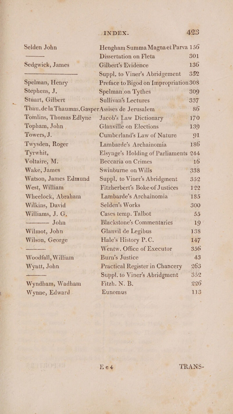 _ANDEX. | 493 Selden John Hengham Summa Magnaet Parva 156 Dissertation on Fleta 301 Sedgwick, James Gilbert’s Evidence 136 Suppl. to Viner’s Abridgement 352 Spelman, Henry Preface to Bigod on Impropriation 308 Stephens, J. Spelman.on Tythes 309 Stuart, Gilbert | Sullivan’s Lectures 337 Thau.dela Thaumas.GasperAssises de Jerusalem 86 Tomlins, Thomas Edlyne Jacob’s Law Dictionary 170 Topham, John | Glanville on Elections 139 Towers, J. } Cumberland’s Law of Nature 91 Twysden, Roger Lambarde’s Archainomia 186 Tyrwhit, Kisynge’s Holding of Parliaments 244 Voltaire, M. Beccaria on Crimes 16 Wake, James Swinburne on Wills 338 Watson, James Edmund Suppl. to Viner’s Abridgment 352 West, William Fitzherbert’s Boke of Justices 129 Wheelock, Abraham Lambarde’s Archainomia 185 Wilkins, David Selden’s Works 300 Williams, J. G, Cases temp. Talbot 55 —— John Blackstone’s Commentaries 19 Wilmot, John Glanvil de Legibus 138 Wilson, George Hale’s History P.C. 147 ——— Wentw. Office of Executor 356 Woodfall, William Burn’s Justice A3 Wyatt, John Practical Register in Chancery 263 — Suppl. to Viner’s Abridgment Boe Wyndham, Wadham Fitzh. N. B. 226 Wynne, Edward - Eunomus 113 Ee4 3 TRANS-
