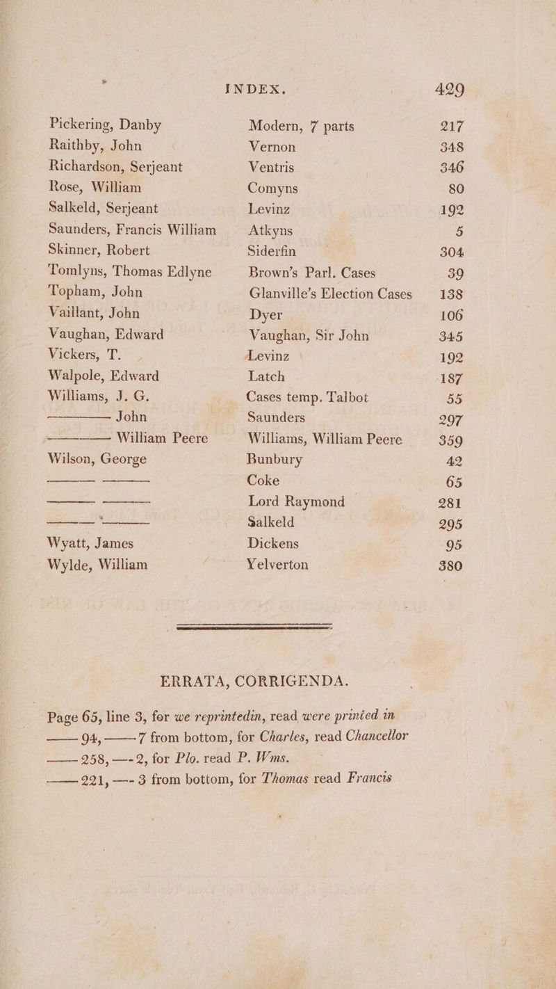 Pickering, Danby Raithby, John Richardson, Serjeant Rose, William Salkeld, Serjeant Saunders, Francis William Skinner, Robert Tomlyns, Thomas Edlyne Topham, John Vaillant, John Vaughan, Edward Vickers, T. Walpole, Edward Williams, J. G. John William Peere ———— Wilson, George a ——s ees Wyatt, James Wylde, William Modern, 7 parts Vernon Ventris Comyns Levinz Atkyns Siderfin Brown’s Parl. Cases Glanville’s Election Cases Dyer Vaughan, Sir John ‘Levinz Latch Cases temp. Talbot Saunders Williams, William Peere Bunbury Coke Lord Raymond — Salkeld Dickens Yelverton 94,