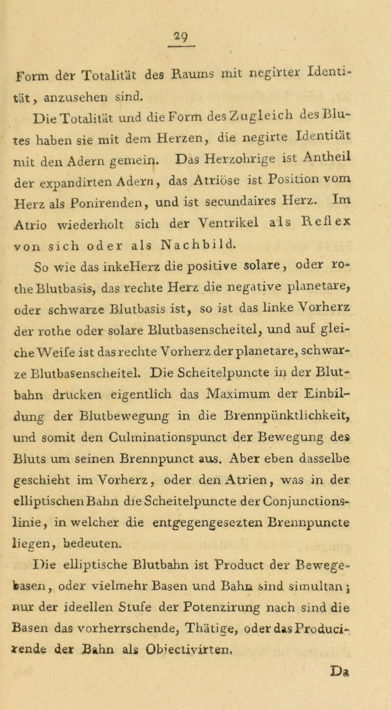 Form der Totalität des Raums mit negirtei Identi- tät, anzusehen sind. Die Totalität und die Form des Zugleich des Blu- tes haben sie mit dem Herzen, die negirte Identität mit den Adern gemein. Das Herzohrige ist Antheil der expandirten Adern, das Atriöse ist Position vom Herz als Ponirenden, und ist secundaires Herz. Im Atrio wiederholt sich der Ventrikel als Reflex von sich oder als Nachbild. So wie das inkellerz die positive solare, oder ro- the Blutbasis, das rechte Herz die negative planetare, oder schwarze Blutbasis ist, so ist das linke Vorherz der rothe oder solare Blutbasenscheitel, und auf glei- che Weife ist das rechte Vorherz der planetare, schwar- ze Blutbasenscheitel. Die Scheitelpuncte in der Blut- bahn drucken eigentlich das Maximum der Einbil- dung der Blulbewegung in die Brennpünktlichkeit, und somit den Culminationspunct der Bewegung des Bluts um seinen Brennpunct aus. Aber eben dasselbe geschieht im Vorherz, oder den Atrien, was in der elliptischen Bahn die Scheitelpuncte der Conjunctions- linie, in welcher die entgegengesezten Brennpuncte liefen, bedeuten. Die elliptische Blutbahn ist Product der Bewege- toasen, oder vielmehr Basen und Bahn sind simultan; nur der ideellen Stufe der Potenzirung nach sind die Basen das vorherrschende, Thätige, oder das Produci- rende der Bahn als Obiectivirten, Da