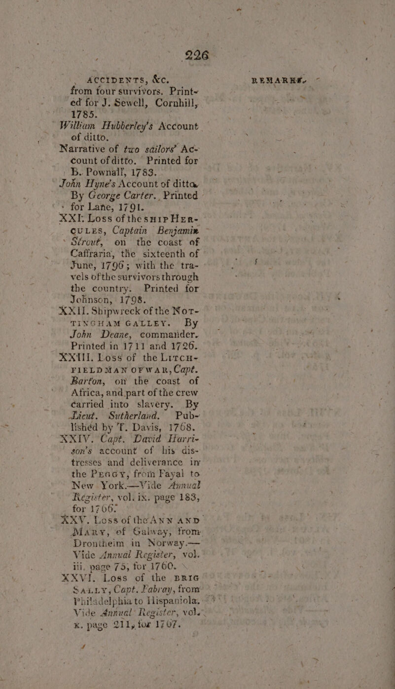 AccipENTS, &amp;c. REMARKS. from four survivors, Print- . ed for J. Sewell, Cornhill, * i te Yama William Hubberley’s oat of ditto. Narrative of two sailors’ Ac~ count of ditto. Printed for |B. Pownall, 1783. A Torh Hyne’s Account of ditta — By George Carter. Printed - - for Lane, 1791. XXI: Loss of thesn1p HER- cuLES, Captain Benjamin ’ Sérouf, on the coast of Caffraria, the sixteenth of June, 1796; with the tra- . f vels ofthe survivors through the country. Printed for Johnson, 1798. XXII. Shipwreck of the Not- TINGHAM GALLEY. By John Deane, commaiider. - Printed in 1711 and 1726. XXII. Loss of the Lircu- FIELD MAN OF WAR, Cape. Barton, on the coast of . Africa, and part of the crew carried into slavery. By Sieut. Sutherland. Pub~ lishéd by 'T. Davis, 1768. XXIV. Capt. David Harri- gon’s account of his dis- tresses and deliverance in the Peaey, froin Fayal to New York.—Vide Annual Register, vol. ix. page 183, for. 17062 XXYV. Loss of the Any AND Many, of Galway, from. Droniheim in Norway.— Vide Annual Register, vol. iii. page 75, for 1760. » XXVI.. Loss of the BRIG nae SALLY, Capt. Fabray, from *hiladelphia to Hispaniola. * Vide Annual Register, vol. k. page QTl, for. 1707. ™~ J