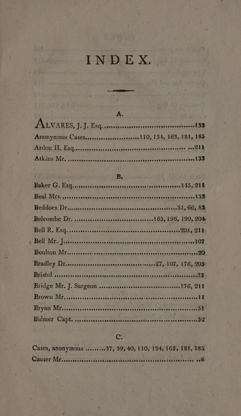 [Na EX: A. t ALLVarEs, J. J. Esq. ccovccecccseccescscsessonaccssessessenes LSS Anonymous Cases......seccccssssesereree lL 10, 134, 163, 181, 185 Arden H. Esq.eccescaccecsscscscesscccscsccsceqessscsseccccesee one Zl l Atkins Mr. Coeooseveesesaoseesesesers BUSS ae ee Re touachuias are ; B. Baker G. EisQ.sssvscsnsspepscoocepscs sdeaneuns=essel ccasetbes aks 91 i Beal Mrs. ..ocsssccsensencesscecatecsessecescccenscaescssoshassequbi 138 Beddoes Dr.,.sscccosresssessecsscsvcscccscseevcsssseeniesss ols OG, 8S Belcombe Dr, ......ccccesesscccessesccocvssesesel G5, 196, 199, 204 Bell R. Esq. .ccscceccescccssscscscvesseceevcvcccevascvcsseses Gly ZL ME Mos Vive rp onnsnensescnceasivenrass ain ertsenens teeene ear yeaah j Ae ERICSON FAUNA Tay. mre TE Bradley Dr.osesscsesescsseveeseossssccesesosseveeeZ 9: LOT, 176, 205 Bristol EN DAES EY SUPRA RREES. (ace . e Bridge Mr. J. Surgeon ...cescsssscssssesrsssevesssscsseee lL FO, 2UL Brown) Mr, ocsssecsssovevocevasnassabacgssenceegeness vescnevesssseee CL Bryan Wilksycecias cestacdyaesticncartaneastiaer gt gota n7): jaw davaececeie ls Bulmer Capt. SCHHSCHHHSHOHESSEHSOHHOHEHOKREHHROHTHOHESCHSCHHLED EOS EED gesesadeca a f C. Cases, anonymous ........037, 39; 40, 110; 134, 163, 181, 183 Qauser jo) CARRE ES EEE EE EEN FTP TET PS PERT Ly CLUE COHLOH LOH ATE SHO STE SE8 os