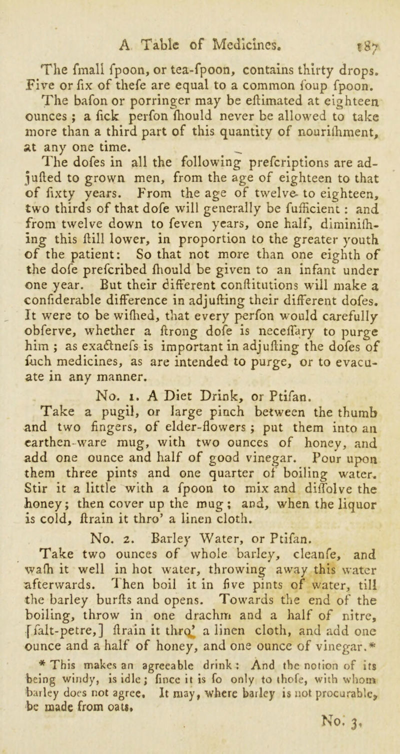 A Table of Medicines. |gy The fmall fpoon, or tea-fpoon, contains thirty drops. Five or fix of thefe are equal to a common i'oup fpoon. The bafon or porringer may be eftimated at eighteen ounces ; a fick perfon fhould never be allowed to take more than a third part of this quantity of nourithment, at any one time. ^ The dofes in all the following preferiptions are ad- jufted to grown men, from the age of eighteen to that of fixty years. From the age of twelve- to eighteen, two thirds of that dofe will generally be fufficient : and from twelve down to feven years, one half, diminifh- ing this fbill lower, in proportion to the greater youth of the patient: So that not more than one eighth of the dofe preferibed fhould be given to an infant under one year. But their different conftitutions will make a confiderable difference in adjufting their different dofes. It were to be wifhed, that every perfon would carefully obferve, whether a ftrong dofe is neceffary to purge him ; as exadinefs is important in adjufting the dofes of fuch medicines, as are intended to purge, or to evacu- ate in any manner. No. i. A Diet Drink, or Ptifan. Take a pugil, or large pinch between the thumb and two fingers, of elder-flowers ; put them into ail earthen ware mug, with two ounces of honey, and add one ounce and half of good vinegar. Pour upon them three pints and one quarter of boiling water. Stir it a little with a fpoon to mix and diffolve the honey; then cover up the mug; and, when the liquor is cold, ftrain it thro’ a linen cloth. No. 2. Barley Water, or Ptifan. Take two ounces of whole barley, cleanfe, and wafh it well in hot water, throwing away this water afterwards. Then boil it in five pints of water, till the barley burfts and opens. Towards the end of the boiling, throw in one drachm and a half of nitre, ffalt-petre,] ftrain it thrq£ a linen cloth, and add one ounce and a half of honey, and one ounce of vinegar.* * This makes an agreeable drink : And the notion of its being windy, is idle; fince it is fo only to thofe, with whom barley does not agree. It may, where barley is not procurable, be made from oats. No.' 3,