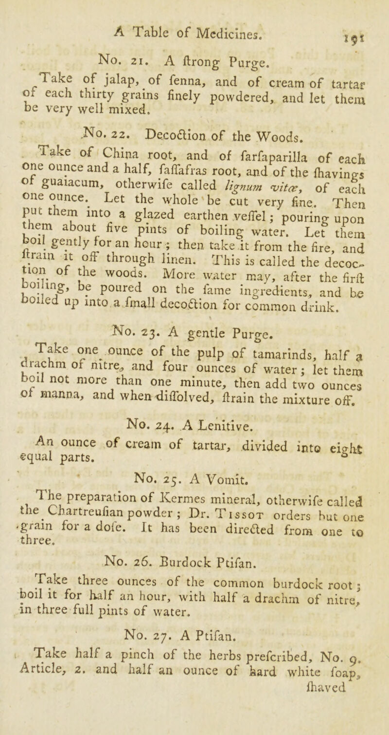 No. 21. A flrong Purge. Take of jalap, of fenna, and of cream of tartar of each thirty grains finely powdered, and let them be very well mixed. ,No. 22. Dqco&ion of the Woods. Take of China root, and of farfaparilla of each one ounce and a half, faflafras root, and of the (havings ° Suaiacuni, otherwife called lignujn evitoei of each one ounce.. Let the whole' be cut very fine. Then put them into a glazed earthen veflel; pouring upon them about five pints of boiling water. Let them boil gently for an hour ; then take it from the fire, and Itram it off through linen. This is called the decoc, ion of the woods. More water may, after the firil boiling, be poured on the fame ingredients, and be boned up into a fmall deco.&ion for common drink. No. 23. A gentle Purge. Take one ounce of the pulp of tamarinds, half a orachm or nitre, and four ounces of water; let them »oil not more than one minute, then add two ounces e manna, and when dilfolved, drain the mixture ofF. No. 24. A Lenitive. An ounce of cream of tartar, divided into eight equal parts. 6 No. 25. A Vomit. The preparation of JCermes mineral, otherwife called the. Chartreufian powder ; Dr. Tissot orders but one -gram for a dole. It has been dire&ed from one to three. No. 26. Burdock Ptifan. Take three ounces of the common burdock root 3 boil it for half an hour, with half a drachm of nitre, in three full pints of water. No. 27. A Ptifan. Take half a pinch of the herbs prefcribed. No. g. Article, 2. and half an ounce of hard white foap, Ihaved