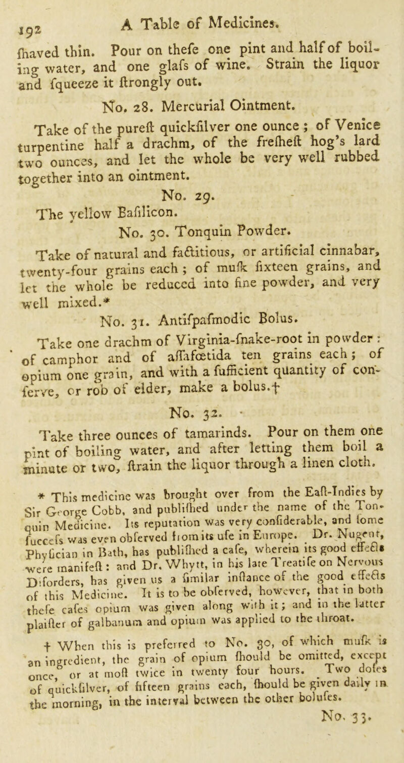 fhaved thin. Pour on thefe one pint and half of boil- ing water, and one glafs of wine. Strain the liquor and fqueeze it flrongly out. No. 28. Mercurial Ointment. Take of the purell quickfilver one ounce ; of Venice turpentine half a drachm, of the frefheft hog’s lard two ounces, and let the whole be very well rubbed together into an ointment. No. 29. The yellow Eafilicon. No. 30. Tonquin Powder. Take of natural and fa&itious, or artificial cinnabar, twenty-four grains each ; of mufk fixteen grains, and let the whole be reduced, into fine powdei, and .cry well mixed.1* No. 31. Antifpafmodic Bolus. Take one drachm of Virginia-fnake-root in powder : * 0f camphor and of aflafcfctida ten grains each; of opium one grain, and with a fufncient quantity of con- ferve, or rob ot elder, make a bolus. No. 32. • Take three ounces of tamarinds. Pour on them one pint of boiling water, and after letting them boil a minute or two, ftrain the liquor through a linen cloth. * This medicine was brought over from the Eafl-Indies by Sir George Cobb, and publifhed under the name of the Ton- quin Medicine. Its reputation was very coafidcrable, and tome fuccefs was even obferved bom its ufe in Europe. _ Dr. Nugent, Phvfician in Bath, has publifhed a cafe, wherein its good etkfcU ■were manifeft : and Dr. Whytt, in his late Treat, fe on Nervous Dtforders, has given us a fimilar inftance 01 the good etieas of this Medicine. It is to he obferved, however, that in both thefe cafes opium was given along With it; and in the latter plaiftcr of gal ban um and opium was applied to the throat. •f When this is preferred to No. 3®) °F which mufk is an ingredient, the grain of opium fhould be omitted, except once° or at moil twice in twenty four hours. Two doies of quickfilver, of fifteen grains each, fhould be given daily in the morning, in the interval between the other bolufes.