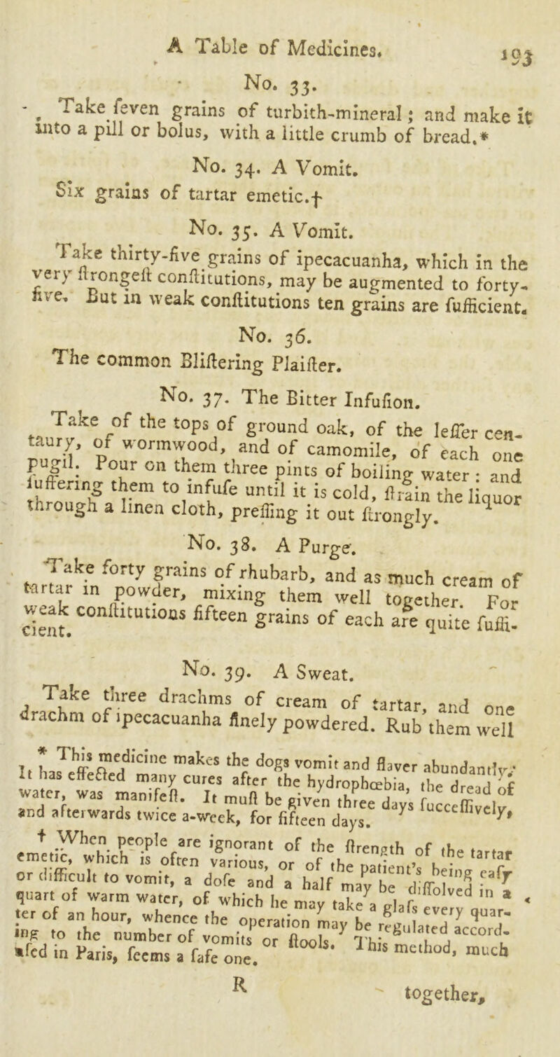 No* 33- , Take.feven grains of turbith-mineral; and make it into a pill or bolus, with a little crumb of bread,* No. 34. A Vomit. Six grains of tartar emetic.f No. 35. A Vomit. i ake thirty-five grains of ipecacuanha, which in the vei) . rongelt conflitutions, may be augmented to forty- fcve, Hut in weak conflitutions ten grains are fufficient. No. 36. The common Bliflering Plaifler. No. 37. The Bitter Infufion. Take of the t0Ps °f ground oak, of the lefTer cen- taury, of wormwood, and of camomile, of each one pugil. Pour on them three pints of boiling water • and iuftermg them to mfufe until it is cold, fhfin the liquor through a linen cloth, preffing it out lirongly. No. 38. A Purge'. -Take forty grains of rhubarb, and as much cream of tartar in powaer, mixing them well together For weak conflitutions fifteen grains of each afe quite fuffi. No. 39. A Sweat. Take tnree drachms of cream of tartar, and one drachm of .pecacuanha finely powdered. Rub them well 1,1 Thl? ™c.dicine dogs vomit and Haver abundamlv • wa^?w^LrfeLCUi? af'nVh' and afterwards twice a-week,**for day's? ^ lucccffivel>r» Peo.P,erare ignorant of the flrength of the tartar emenc, which is often various, or of the natiVm’c k • r bc, r-*• .fed in Paris, feems a fafeone. 1 h,S mc‘hod- much R together.