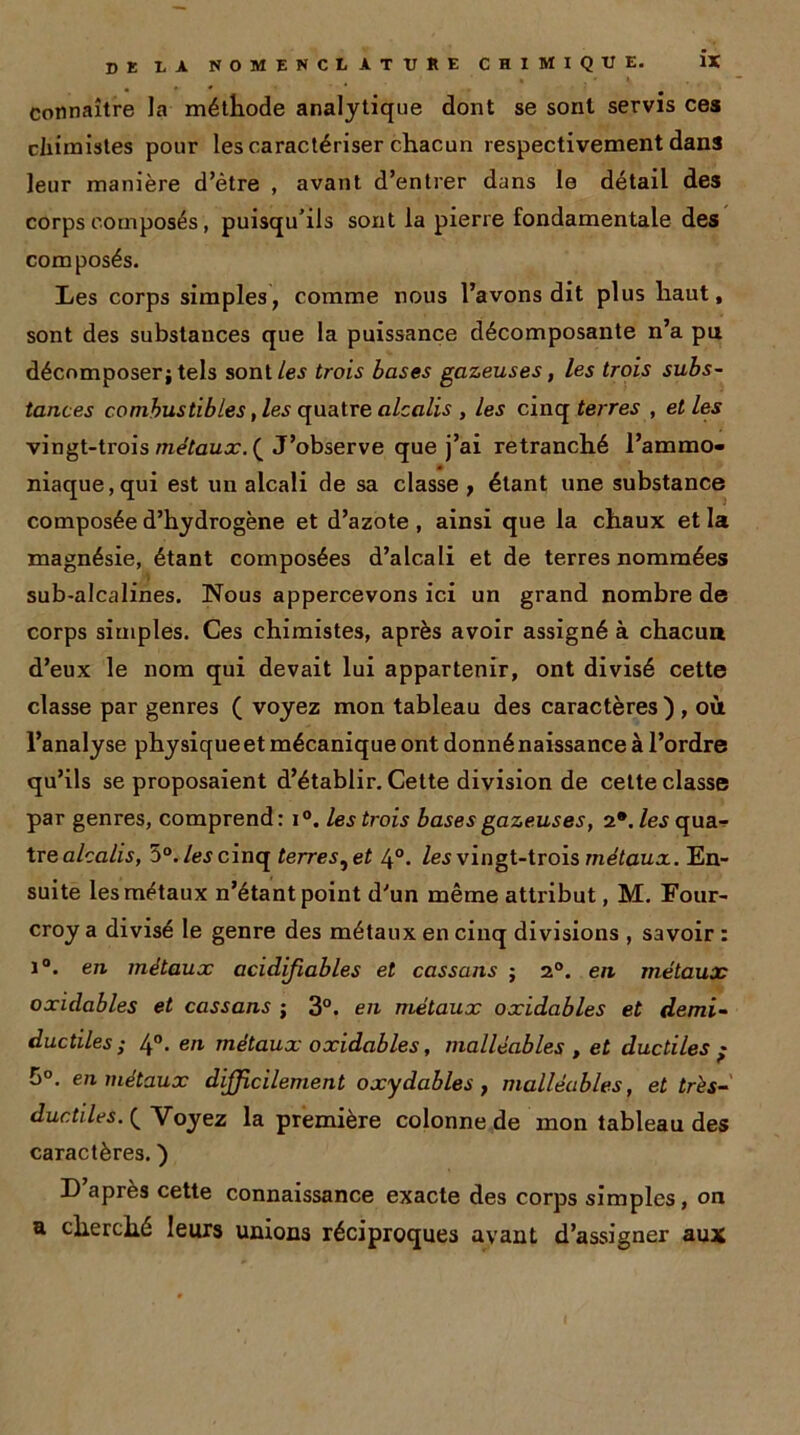 • » • , connaître la méthode analytique dont se sont servis ces chimistes pour les caractériser chacun respectivement dans leur manière d’être , avant d’entrer dans le détail des corps composés , puisqu’ils sont la pierre fondamentale des composés. Les corps simples, comme nous l’avons dit plus haut, sont des substances que la puissance décomposante n’a pu décomposer; tels sont/es trois bases gazeuses, les trois subs- tances combustibles, les quatre alcalis , les cinq terres , et les vingt-trois métaux. ( J’observe que j’ai retranché l’ammo- niaque, qui est un alcali de sa classe , étant une substance composée d’hydrogène et d’azote , ainsi que la chaux et la magnésie, étant composées d’alcali et de terres nommées sub-alcalines. Nous appercevons ici un grand nombre de corps simples. Ces chimistes, après avoir assigné à chacun d’eux le nom qui devait lui appartenir, ont divisé cette classe par genres ( voyez mon tableau des caractères ) , où l’analyse physique et mécanique ont donné naissance à l’ordre qu’ils se proposaient d’établir. Cette division de cette classe par genres, comprend: i°. les trois bases gazeuses, 2*. /esqua- trealcalis, 5°. les cinq terres^ et 4°. les vingt-trois métaux. En- suite les métaux n’étant point d’un même attribut, M. Four- croy a divisé le genre des métaux en cinq divisions , savoir : i°. en métaux acidifiables et cassons ; 2°. en métaux oxidables et cassans ; 3°. en métaux oxidables et demi- ductiles ; 4°. en métaux oxidables, malléables , et ductiles ; 5°. en métaux difficilement oxydables, malléables, et très- ductiles. ( Voyez la première colonne de mon tableau des caractères. ) D’après cette connaissance exacte des corps simples, on a cherché leurs unions réciproques avant d’assigner aux