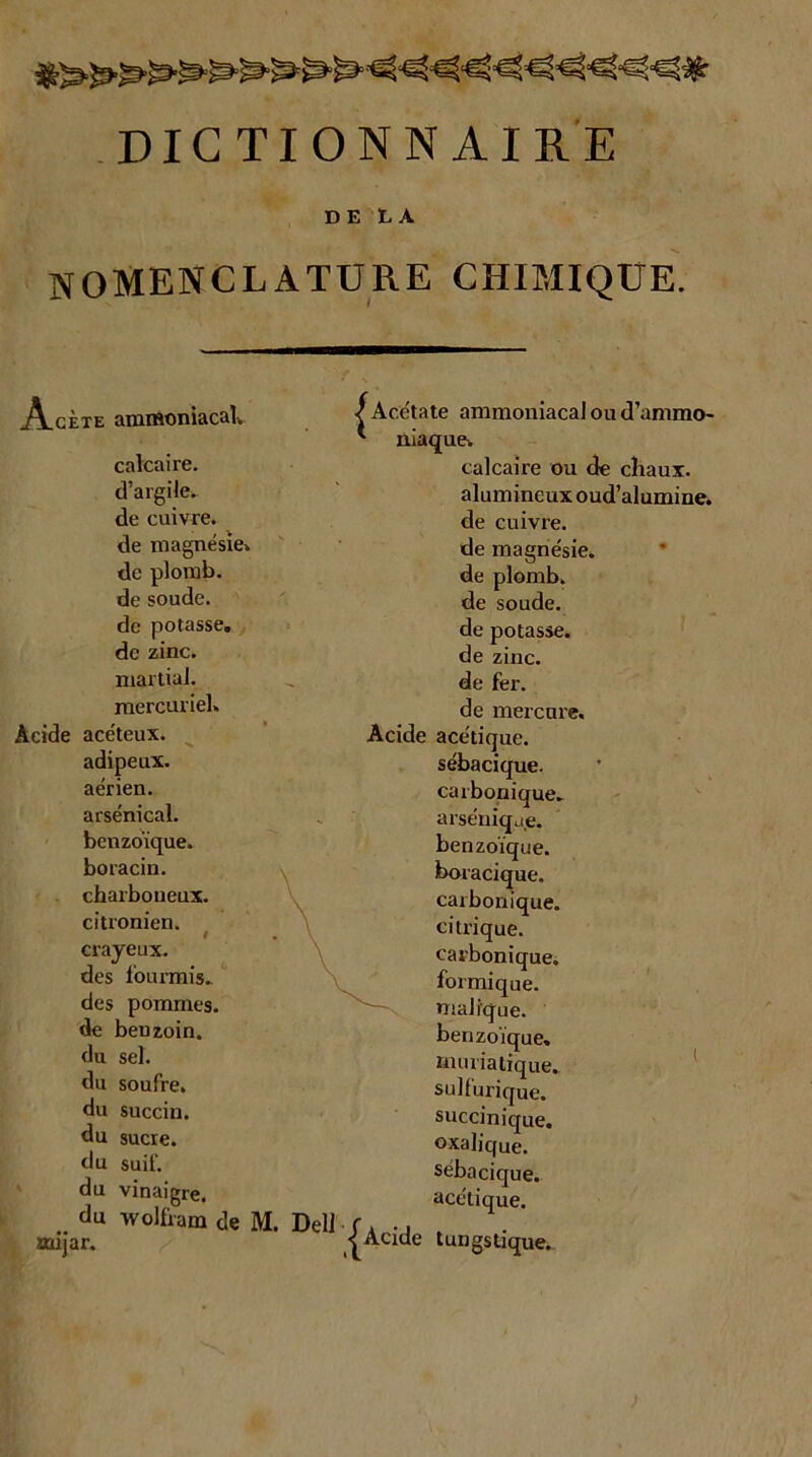DICTIONNAIRE DE LA nomenclature chimique. j\.cète ammoniacal. calcaire, d’argile, de cuivre, de magnésie» de plomb, de soude, de potasse, de zinc, martial, mercuriel» Acide acéteux. adipeux, aérien, arsénical. benzoïque, boracin. charboneux. citronien. i crayeux, des fourmis, des pommes, de benzoin. du sel. du soufre, du succin. du sucre, du suif, du vinaigre, du wolfram de M. mijar. < Acetate ammoniacal ou cl ammc * niaque. calcaire ou de chaux, alumineux oud’alumint de cuivre, de magnésie, de plomb, de soude, de potasse, de zinc, de fer. de mercure. Acide acétique, sébaciqut. carbonique, arsénique. benzoïque, boracique. carbonique, citrique, carbonique, formique, nialique. benzoïque, muriatique, sulfurique, succinique. oxalique, sébacique. acétique. Dell/»., , < Acide tungstique.