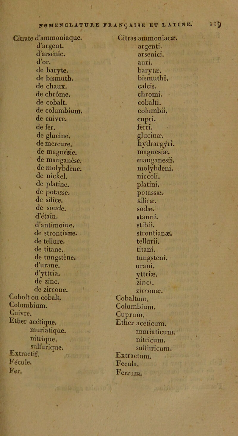 I NOMENCLATURE FRANÇAISE ET LATINE. Citrate d’ammoniaque. Citras ammoniacæ. d’argent. argenti. d’arsenic. arsenici. d’or. auri. de baryte. barytæ. de bismuth. bismuth}, de chaux. calcis. de chrome. cliromi. de cobalt. cobalti. de columbium. columbii. de cuivre. cupri. de fer. ferri. de glucine. glucinæ. de mercure. hydrargyri. de magnésie. magncsiæ. de manganèse. manganesii. de molybdène. molybdeni. de nickel. niccoli. de platine. platini. de potasse. potassæ. de silice. silicæ. de soude. sodæ. d’etain. stanni. d’antimoine. stibii. de strontiane. strontianæ. de tellure. tellurii. de titane. titani. de tungstène. tungsteni. d’urane. urani. d’yttria. yttriæ. de zinc. zinci. de zircone. zirconæ. Cobolt ou cobalt. Cobal tum. Columbium. Columbium. Cuivre. Cuprum. Ether ace'tique. Ether aceticum. muriatique. muriaticum. nitrique. nitricum. sulturique. sulfuricum. Extractif. Extractum. Fécule. Fecula. Fer. Ferrum.