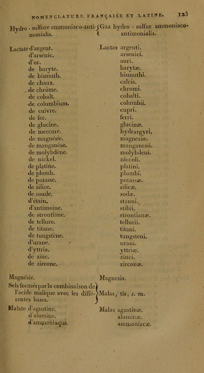 Hydro - sulfure ammoniaco-anti- (Gaz hydro - sulfur ammoniaco- monialis. \ anlimonialis. Lactale d’argent. Lactas argenti. d’arsénic. arsenici. d’or. auri. de baryte. barytæ. de bismuth. bismuthi. de chaux. calcis. _ de chrome. chromi. de cobalt. cobal ti. de columbium. columbii. de cuivre. cupri. de fer. ferri. de glucine. . glucinæ. de mercure. liydrargyri. de magnésie. magncsiæ. de manganèse. manganesii. de molybdène. molybdeni. de nickel. niccoli. de platihe. platini. de plomb. pltimbi. de potasse. poiassæ. de silice. silicæ. de soude. sodæ. d’étain. stanni.. d’antimoine. slibii. de strontiane. strontianæ. de tellure. tellurii. de titane. titani. de tungstène. tungsteni. d’urane. * urani. d’yttria. yttriæ. de zinc. zinci. de zircone. zirconæ. Magnésie. Magnesia. Sels formes parla combinaison de l’acide malique avec les diffe- rentes bases. Malate d agustine. Malas aguslinæ. d alumine. aluminæ. d ammoniaque. ammoniacie. ^Malas, tis, s. m.