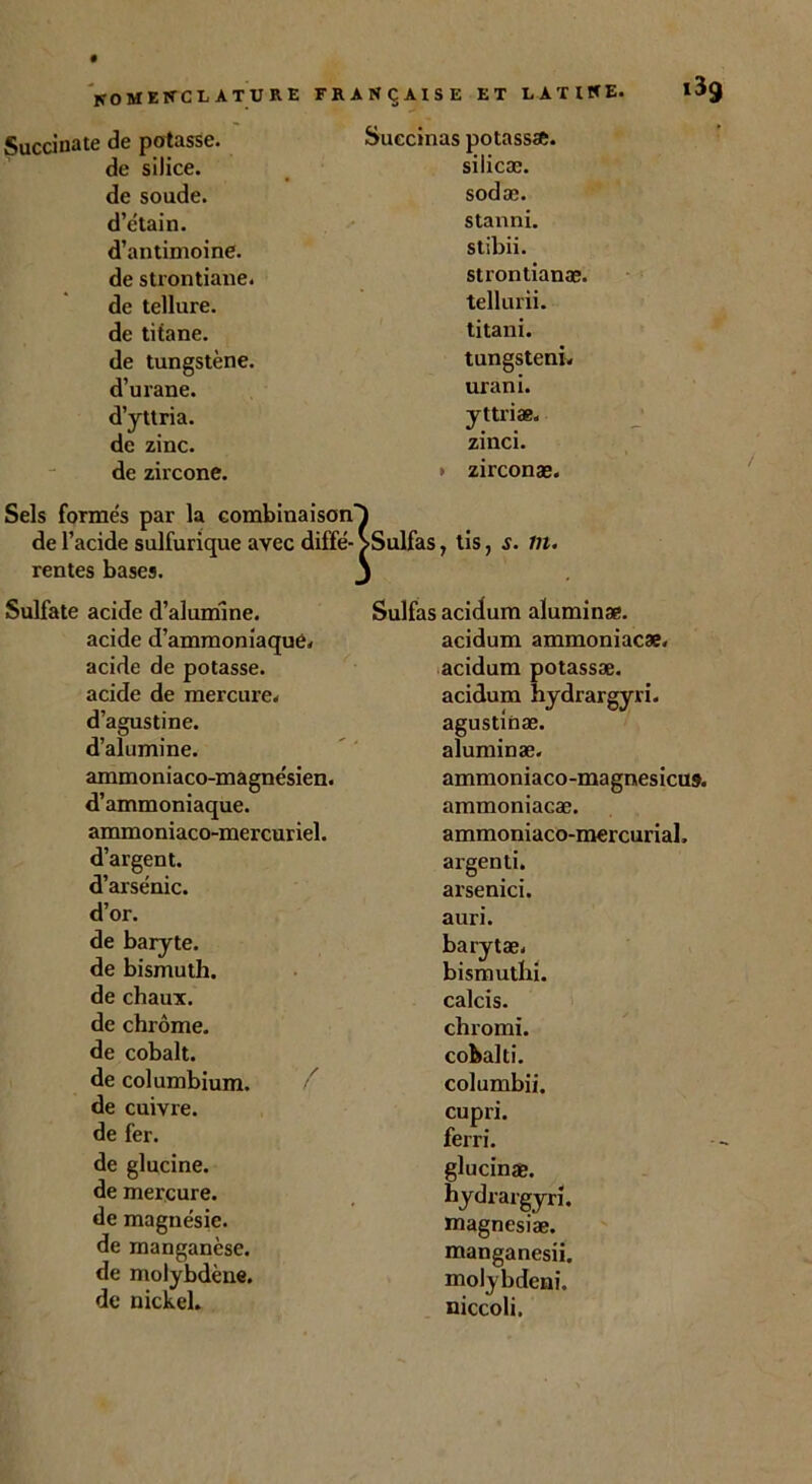 Succinate de potasse, de silice, de soude, d’étain, d’antimoine, de strontiane. de tellure, de titane, de tungstène, d’urane. d’yttria, de zinc, de zircone. Sels formés par la combinaison de l’acide sulfurique avec diffé- rentes bases. Sulfate acide d’alumine. acide d’ammoniaque, acide de potasse, acide de mercure, d’agustine. d’alumine. ammoniaco-magnésien. d’ammoniaque. ammoniaco-mercuriel. d’argent. d’arsénic. d’or. de baryte, de bismuth, de chaux, de chrome, de cobalt. de columbium. / de cuivre, de fer. de glucine. de mei’cure. de magnésie, de manganèse, de molybdène, de nickel. Succinas potassae. siiicæ. sodæ. stanni. stibii. strontianæ. tellurii. titani. tungsteni. urani. yttriæ. zinci. > zirconæ. >Sulfas, tis, s. lit. Sulfas acidum aluminæ. acidum ammoniacæ. acidum potassæ. acidum hydrargyri. agustinæ. aluminæ. ammoniaco-magnesicu». ammoniacæ. ammoniaco-mercurial. argenti. arsenici. auri. barytæ. bismuthi. calcis. chromi. cobalti. columbii. cupri. ferri. glucin*. hydrargyri. magnesiæ. manganesii. molybdeni. niccoli.