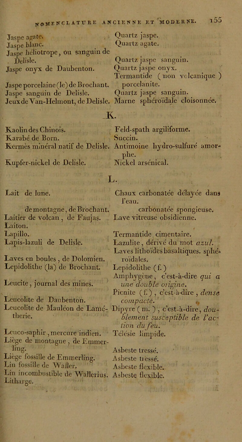 Jaspe agate. . Quartz jaspe. Jaspe blanc. Quartz agate. Jaspe héliotrope, ou sanguin de DeJisle. Quartz jaspe sanguin. Jaspe onyx de Daubenton. Quartz jaspe onyx. Termantide ( non volcanique ) Jaspe porcelaine (le) de Brochant. porcelanile. Jaspe sanguin de Delisle. Quartz jaspe sanguin. Jeuxde Yan-Hehnont, dcDelisle. Marne sphéroïdale cloisonnée. K. Kaolin des Chinois. Feld-spath argiliforme. Karabé de Born. Succin. Kermès minéral natif de Delisle. Antimoine lavdro-sulfuré amor- phe. Kupfer-nickel de Delisle. Nickel arsenical. L. Lait de lune. de montagne, de Brochant. Laitier de volcan , de Faujas. Laiton. Lapillo. Lapis-lazuli de Delisle. Laves en boules , de Dolomien. Lepidolithe (la) de Brochant. Leucite, journal des mines. Lcucolite de Daubenton. Chaux carbonatée délayée dans l’eau. carbonatée Spongieuse. Lave vitreuse obsidienne. * Termantide cimentaire. Lazulile, dérivé du mot cizul. Laves lithoïdes basaltiques. sphé- roïdales. Lepidolithe (f. ) Amphygène, c’est-à-dire qui a une double oiigine. Picnite (f. ) , c’est-à-dire , dense compacte. Leucolite de Mauléon de Lamé- Dipyre (m. ) , c’est-à-dire, dou- blement susceptible de l’ac- tion du feu. Lcuco-sàphir ,mercure indien. Télésie limpide. Liège de montagne , de Emmcr- J*no- Asbeste tressé. Liège fossille de Emmerling. Asbeste tièssé. Lin fossille de Waller. Asbeste fleyible. Lin incombustible de Wallerius. Asbeste flexible. Litharge.