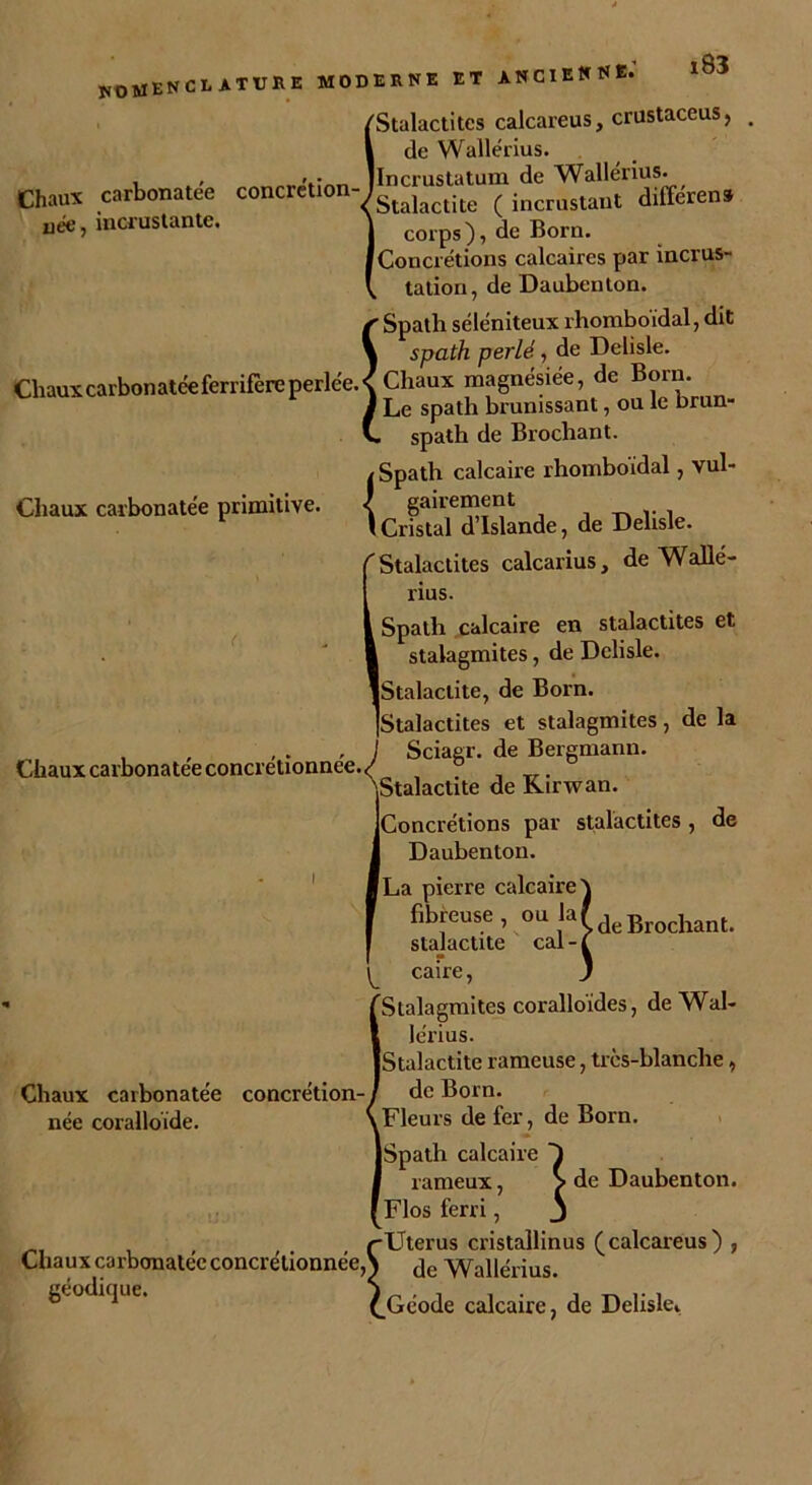 uee, incrustante. Chaux carbonatée primitive. NOMENCLATURE MODERNE ET ANCIENNE. ^Stalactites calcareus, crustaceus, 1 de Wallérius. , , llncrustatum de Wallérius. Chaux carbonatee concretion-^^.^ ( incrustant différent I corps), de Born. Concrétions calcaires par incrus- tation, de Daubenton. r Spath séle'niteux rhomboïdal, dit V spath perlé, de Delisle. Chaux carbon atéeferrifère perlée. < Chaux magnésiée, de Born. J Le spath brunissant, ou le brun- v. spath de Brochant. / Spath calcaire rhomboïdal, vul- J gairement \Cristal d’Islande, de Delisle. ' Stalactites calcarius, de Wallé- rius. i Spath calcaire en stalactites et 1 stalagmites, de Delisle. iStalaclite, de Born. (Stalactites et stalagmites, de la J Sciagr. de Bergmann. ''.Stalactite de Kirwan. (Concrétions par stalactites , de Daubenton. [La pierre calcaire} fibreuse, ou la/deBrochant stalactite cal-t caire, j Stalagmites coralloides, de Wal- lérius. iStalactite rameuse, très-blanche, de Born. Fleurs de fer, de Born. |Spath calcaire I rameux, > de Daubenton. Flos ferri, j c-Uterus cristallinus (calcareus) , baux carbonatee concrétionnée,\ je Wallérius. géodique. (^Géode calcaire, de Delisle, 3haux carbonatée concrétionnée. lhaux carbonatée concrétion- née coralloïde.