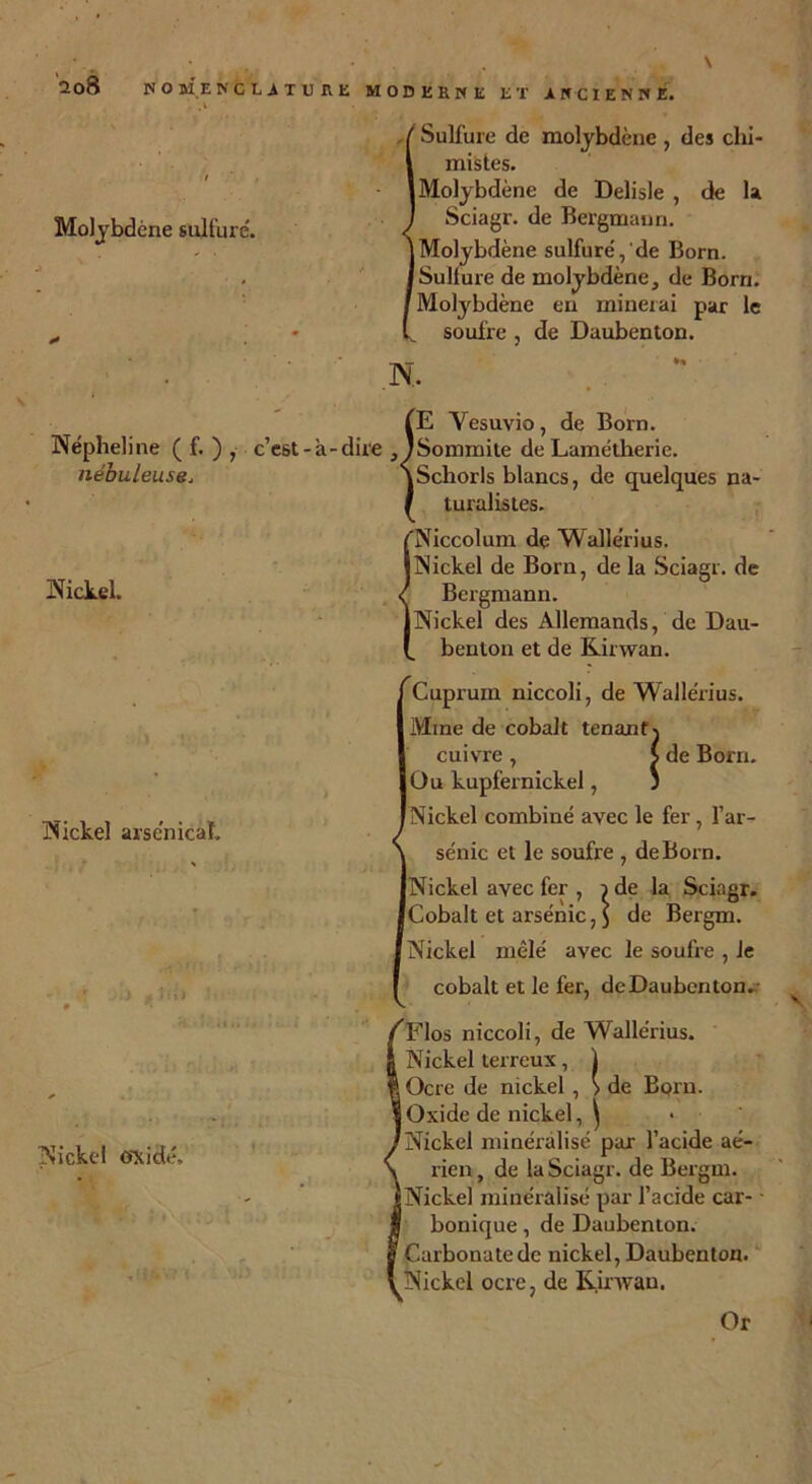 nébuleuse. Nickel. 2û8 KOMENCLiTURE MODERHE ET iBCIENHE. , ;l “ / Sulfure de molybdène , des chi- 1 mistes. 1 Molybdène de Delisle , de la Sciagr. de Bergmann. 1 Molybdène sulfure', de Born. ISulture de molybdène, de Born. [Molybdène en minerai par le soufre , de Daubenton. t M N. fE Yesuvio, de Born. Népheline ( f. ) , c’est-à-dire , JSommite de Lamètherie. \Schorls blancs, de quelques na- / turalistes. {Niccolum dç Walle’rius. Nickel de Born, de la Sciagr. de Bergmann. Nickel des Allemands, de Dau- benton et de Kirwan. Cupruin niccoli, de Wallérius. Mme de cobalt tenants cuivre , S de Born. Ou kupfernickel, ) Nickel combiné avec le fer , l’ar- senic et le soufre , deBorn. Nickel avec fer , } de la Sciagr. Cobalt et arsenic,] de Bergm. Nickel mêlé avec le soufre , le cobalt et le fer, dcDaubenton. 'Flos niccoli, de Wallérius. Nickel terreux, 1 Ocre de nickel , > de Born. j Oxide de nickel, ^ 'Nickel minéralisé par l’acide aé- rien, de la Sciagr. de Bergm. (Nickel minéralisé par l’acide car- • bonique, de Daubenton. ! Carbonate de nickel, Daubenton. Nickel ocre, de Kirwan. Nickel arsenical. Nickel oxide. Or