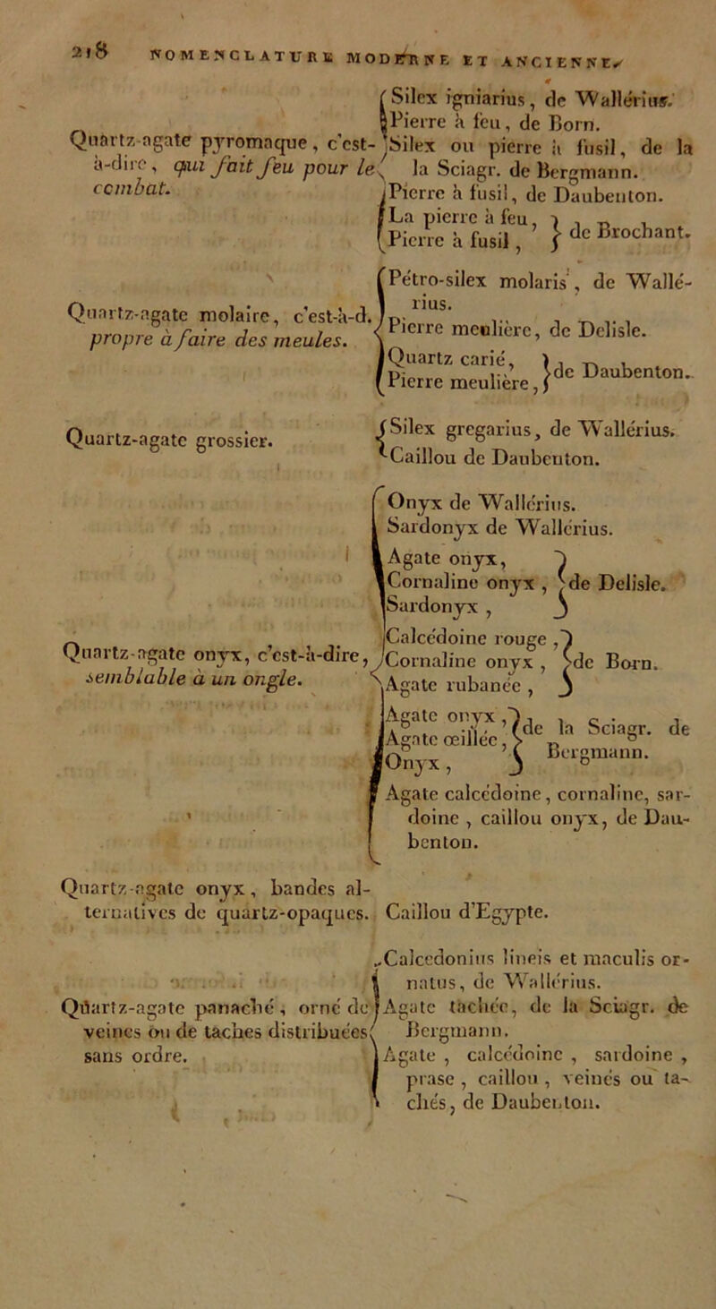 2»B Quartz-agate molaire, c'est-à-d. propre à faire des meules. Quartz-agate grossier. ffOMEÎtCLATl'Ilï MOD BT\ X F. Ex ANCIENNE.' 0 r Silex igniarius, de Wallériiw. oPierre à feu, de Born. Quartz agate pyromnque , c'est-‘Silex ou pierre à fusil, de la a-dire, q>ui fait feu pour le s la Sciagr. de Bergmann. combat. (Pierre à fusil, de Daubenlori. j La pierre à feu, a , „ , (Pierre h fusil, } de Brochant. 'Pétro-silex molaris , de Wallé- I rius. 'Pierre meulière, de Dclisle. [Quartz carié, ) , ~ . . Pierre meulière, Jde Daubenton- (Silex gregarius, de Wallérius. '■Caillou de Daubenton. Onyx de Wallérius. Sardonyx de Wallérius. I Agate onyx, 1 l Cornaline onyx , ^de Dclisle. tSardonyx , j _ (Calcédoine rouge ^uaitz-agate onyx, ccst-a-dire, ^Cornaline onyx , >dc Born. semblable à un ongle. N Agate rubanée , S * lAgatc œüléc )^de Ja Sci;,§r- de L-, bergmann. S Onyx, 3 o Agate calcédoine, cornaline, sar- doine , caillou onyx, de Dau- benton. Quartz agate onyx, bandes al- ternatives de quartz-opaques. Caillou d’Egypte. ..Calcedonius lineis et maculis or- i natus, de Wallérius. Qiüartz-agote panaché, orné dedAgate tâchée, de la Sciagr. de ■!— * —-1 -- i -»—/ Bergmann. 'ate , calcédoine , sardoine , prase , caillou , veinés ou ta-^ - WJ. veines ou de taches distribuées^ sans ordre. Agate , cliés, de Daubenton