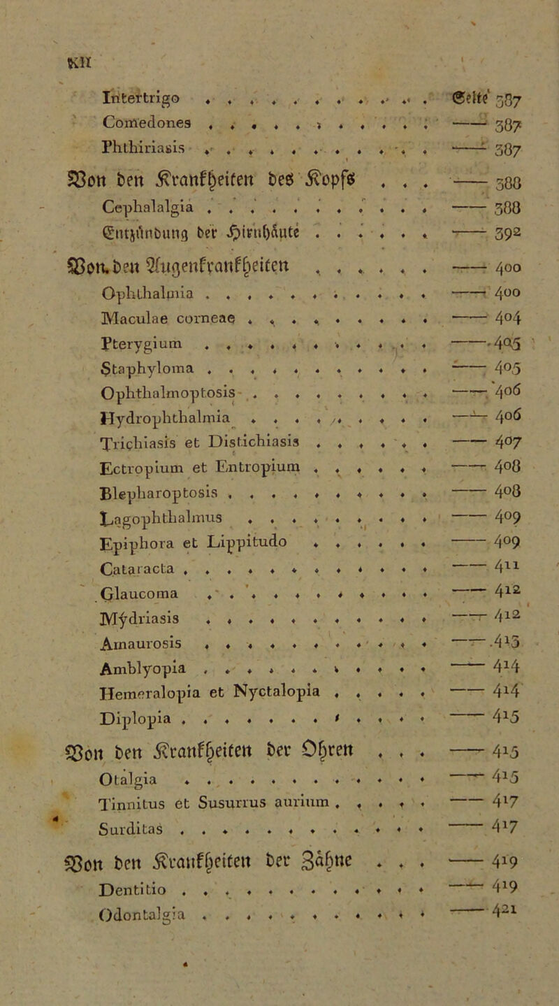 Intertrigo , , , . Comedones , * . . Phthiriasis » 1 SSott tett ^ranfReifen beö\^opfö Cephalalgia . . . . . Ctusilnbutig ber ^ir»()&ute S5ott.t>?« 5(ttgenfvanf§eifett Opluhalpila .... Maculae corneae . « Pterygium . , ♦ . $taphyloma ... * Ophthalmoptosis- . . Hydrophthalmia ♦ . Trichiasis et Distichiasis . Ectropium et Entropium . Blepharoptosis Eagophthalmus ♦ . . . Epiphora et Lippitudo . C.ata^^cta « * * * ♦ ^ « Glaucoma < ♦ . Mfdriasis A-inaurosis « * « 4 « « Amhlyopia Hemeralopia et Nyctalopla Diplopia 4444444 Sßon bert ^ranf^eifeu ter O^rett Otalgia • Tinnitus et Susurrus aurium 4 4 Surditas ^on ben touf§eifen ber 3^^»^ Dcntitio Odontalgia eeltc 587 3Ö7 ^ 387 380 388 —- 392 -— 400 400 404 ' i—: 405 • ^^406 —— 406 407 408 408 409 409 4n 412 ——r 412 ' — .415 414 414 415 415 415 417 417 419 —- 419 421