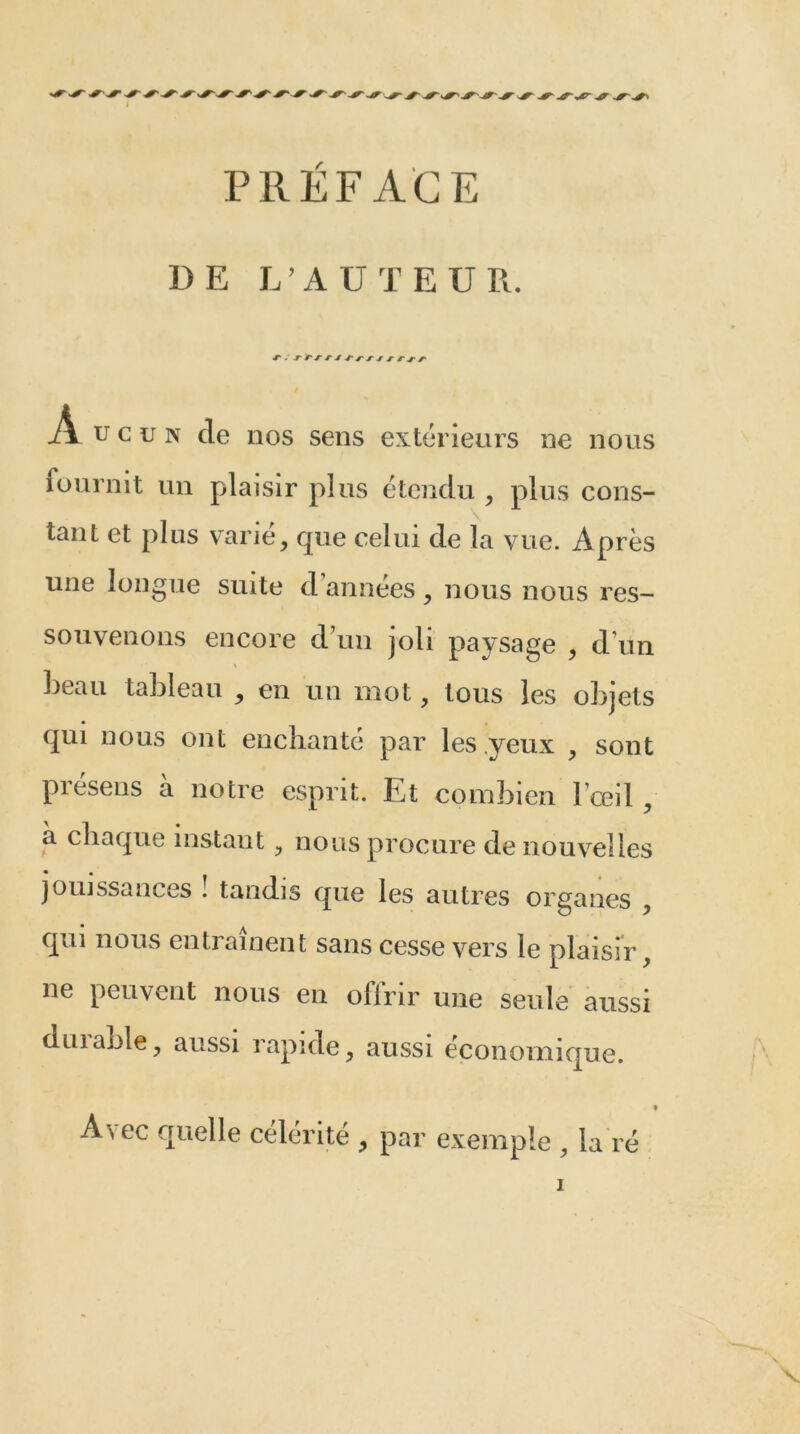 PRÉFACE DE L’AUTEUR. Aucun de nos sens extérieurs ne nous fournit un plaisir plus étendu , plus cons- tant et plus v^arie^ que celui de la vue. Après une longue suite d’années, nous nous res- souvenons encore d’un joli paysage , d’un l^eau tableau , en un mot, tous les objets qui nous ont enchanté par les .yeux , sont piesens a notre esprit. Et combien l’ceil ^ a chaque instant, nous procure de nouvelles jouissances ! tandis que les autres organes , qui nous entraînent sans cesse vers le plaisir, ne peuvent nous en offrir une seule aussi duiable, aussi rapide, aussi économique. « Avec quelle célérité , par exemple , la ré