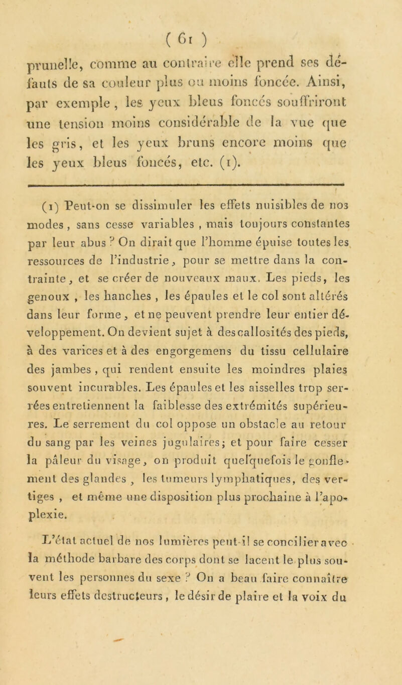 (GO prunelle, comme au contraire elle prend ses dé- lauts de sa couleur plus ou moins foncée. Ainsi, par exemple , les yeux Lleus fonces souüriront une tension moins considérable de la vue que les gris, et les yeux bruns encore moins ([ue les yeux bleus foncés, etc. (i). (i) Peut-on se dissinuiler les effets nuisibles de nos modes , sans cesse variables , mais toujours constantes par leur abus? On dirait que l’homme épuise toutes les, ressources de l’industrie, pour se mettre dans la con- trainte, et se créer de nouveaux maux. Les pieds, les genoux , les hanches , les épaules et le col sont altérés dans leur forme , et ne peuvent prendre leur entier dé- veloppement. On devient sujet à descallosités des pieds, à des varices et à des engorgemens du tissu cellulaire des jambes , qui rendent ensuite les moindres plaies souvent incurables. Les épaules et les aisselles trop ser- rées entretiennent la faiblesse des extrémités supérieu- res. Le serrement du col oppose un obstacle au retour du sang par les veines jugulaires; et pour faire cesser la pâleur du visage, on produit quefquefois le gonfle• ment des glandes , les tumeurs lymphatiques, des ver- tiges , et même une disposition plus prochaine à l’apo-r plexie. L’état actuel de nos lumières pent-i! se concilier avec la méthode barbare des corps dont se lacent le plus sou- vent les personnes du sexe ? On a beau faire connaître leurs effets destructeurs , le désir de plaire et la voix du