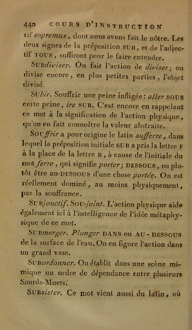 tif snpremus , dont nous avons fait le nôtre. Les deux signes de la préposition SUR, et de l’adjec- tif TOUS , suffiront pour le faire entendre. Subdiviser. On fait l’action de diviser ; on divise encore, en plus petites parties, l’objet divisé. Subir. Souffrir une peine infligée: aller SOUS cette peine, ire SUB. C’est encore en rappelant ce mot à la signification de l’action physique, qu’on en fait connoître la valeur abstraite. Souffrir a pour origine le latin sufferre, dans lequel la préposition initiale SUB a pris la lettre F à la place de la lettre b , à cause de l’initiale du mot ferre , qui signifie porter; DESSOUS, ou plu- tôt être au-DESSOUS d’une chose portée. On est réellement dominé, au moins physiquement, par la souffrance. Subjonctif, SoU-joint.. L’action physique aide egalement ici a l’intelligence de l’idée métaphy- sique de ce mot. Submerger. Plonger DANS ou AU-DESSOUS de la surface de l’eau. On en figure l’action dans un grand vase. Subordonner. On établit dans une scène mi- mique un ordre de dépendance entre plusieurs Sourds-Muets. Subsister. Ce mot vient aussi du latin, où