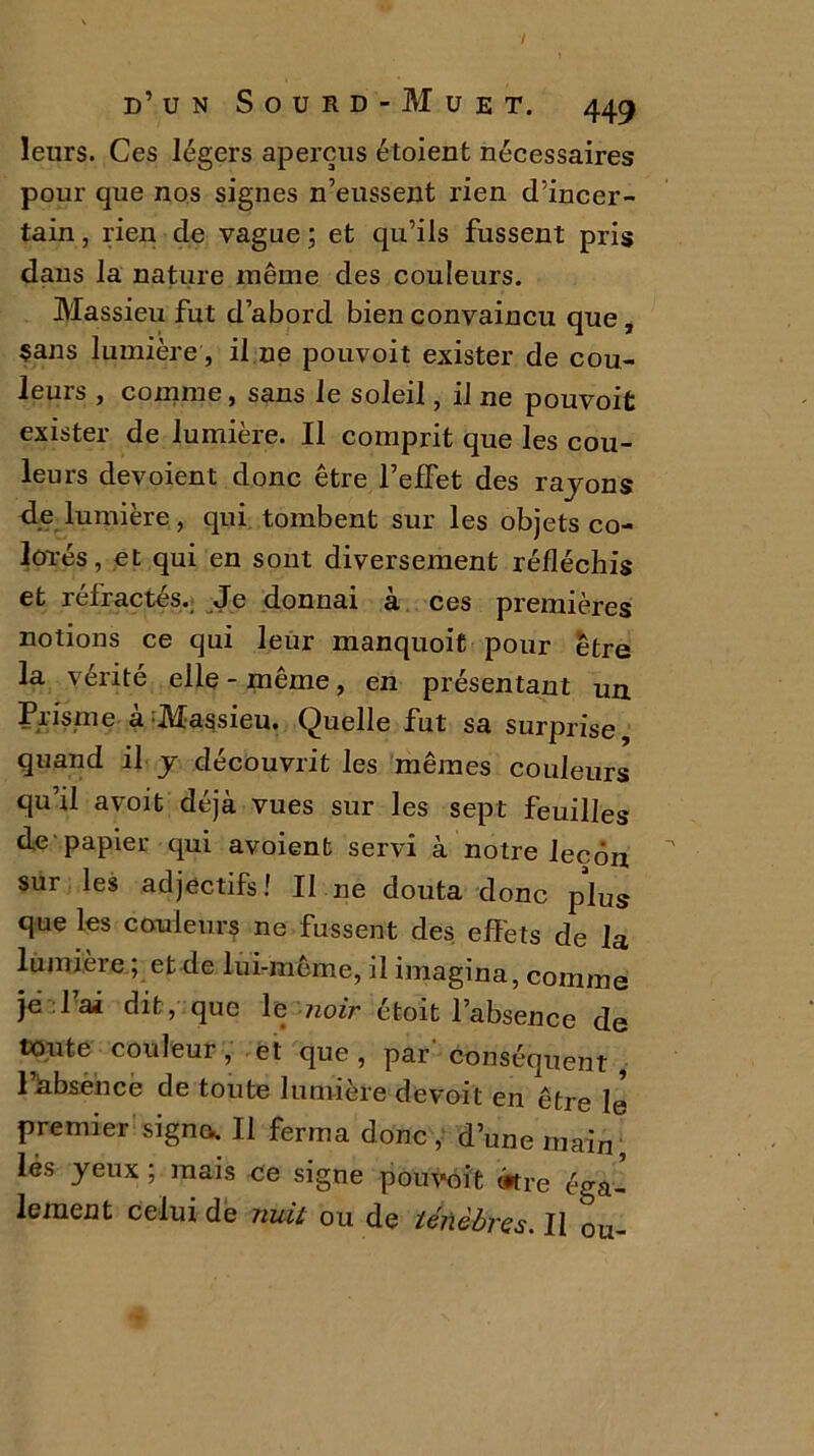 / d’un Sourd-Muet. 449 leurs. Ces légers aperçus étoient nécessaires pour que nos signes n’eussent rien d’incer- tain , rien de vague ; et qu’ils fussent pris dans la nature même des couleurs. Massieu fut d’abord bien convaincu que, sans lumière, il ne pouvoit exister de cou- leurs , comme, sans le soleil, il ne pouvoit exister de lumière. Il comprit que les cou- leurs dévoient donc être l’effet des rayons de lumière, qui tombent sur les objets co- lorés, et qui en sont diversement réfléchis et réfractés.. Je donnai à ces premières notions ce qui leur manquoit pour être la vérité elle - même, en présentant un Prisme a Massieu. Quelle fut sa surprise quand il y découvrit les mêmes couleurs qu’il avoit déjà vues sur les sept feuilles de papier qui avoient servi à notre leçon sur les adjectifs ! Il ne douta donc plus que les couleurs ne fussent des. effets de la lumière ; et de lui-même, il imagina, comme je 1 ai dit, que le noir étoit l’absence de toute couleur, et que, par' conséquent , l’iabsence de toute lumière devoit en être le premier signe.. Il ferma donc, d’une main, lés yeux ; mais ce signe pouvoit être éga- lement celui de nuit ou de ténèbres. II ou-