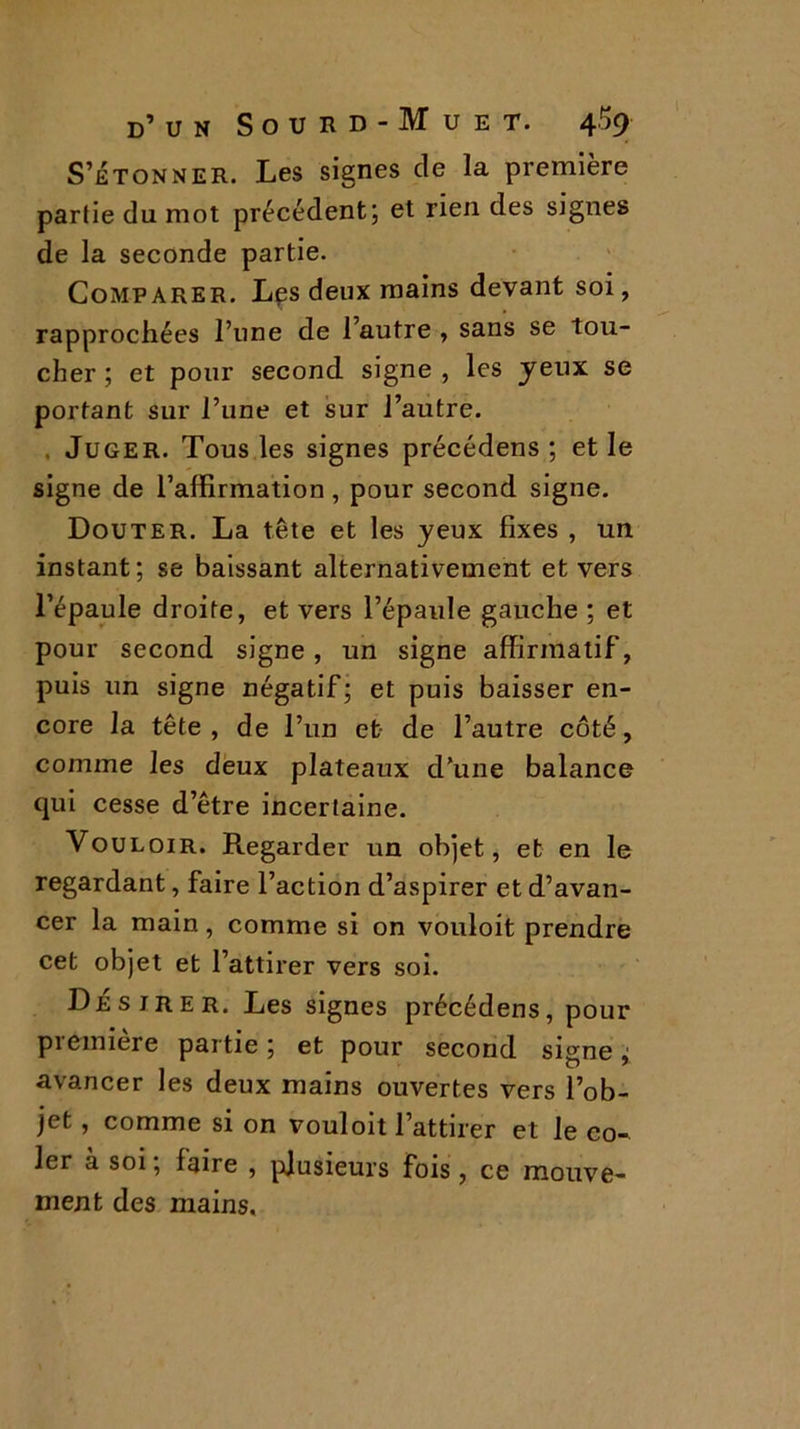 S’étonner. Les signes de la première partie du mot précédent; et rien des signes de la seconde partie. Comparer. Lps deux mains devant soi, rapprochées l’une de l’autre , sans se tou- cher ; et pour second signe , les yeux se portant sur l’une et sur l’autre. Juger. Tous les signes précédens ; et le signe de l’affirmation , pour second signe. Douter. La tête et les yeux fixes , un instant; se baissant alternativement et vers l’épaule droite, et vers l’épaule gauche ; et pour second signe , un signe affirmatif, puis un signe négatif; et puis baisser en- core la tête, de l’un et de l’autre côté, comme les deux plateaux d’une balance qui cesse d’être incertaine. Vouloir. Regarder un objet, et en le regardant, faire l’action d’aspirer et d’avan- cer la main, comme si on vouloit prendre cet objet et l’attirer vers soi. Désirer. Les signes précédens, pour première partie ; et pour second signe j, avancer les deux mains ouvertes vers l’ob- jet , comme si on vouloit l’attirer et le eo- ler à soi ; faire , plusieurs fois, ce mouve- ment des mains.